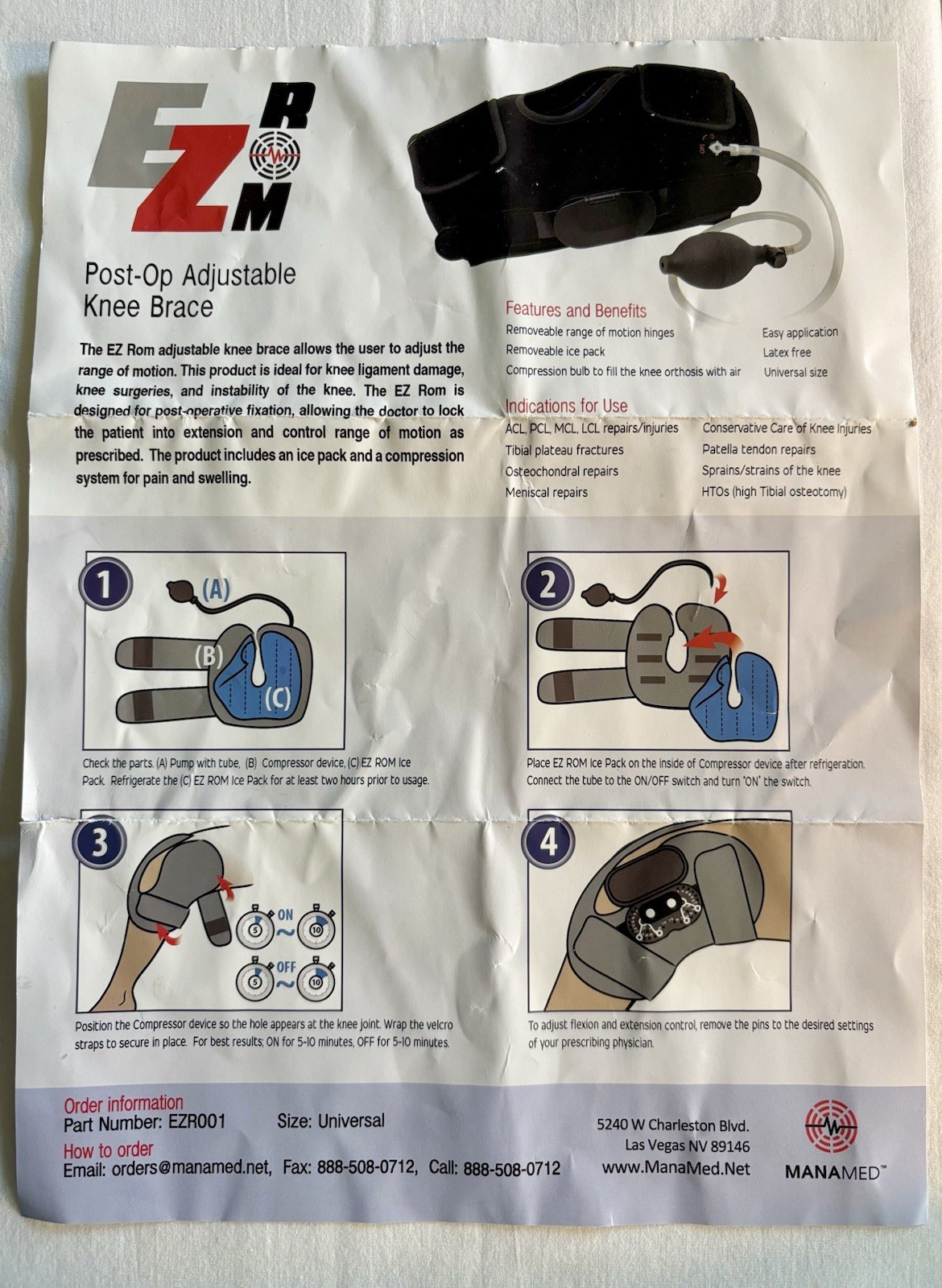 EZ Rom Adjustable Knee Brace w/Compression, Ice Pack & Instructions ManaMed
