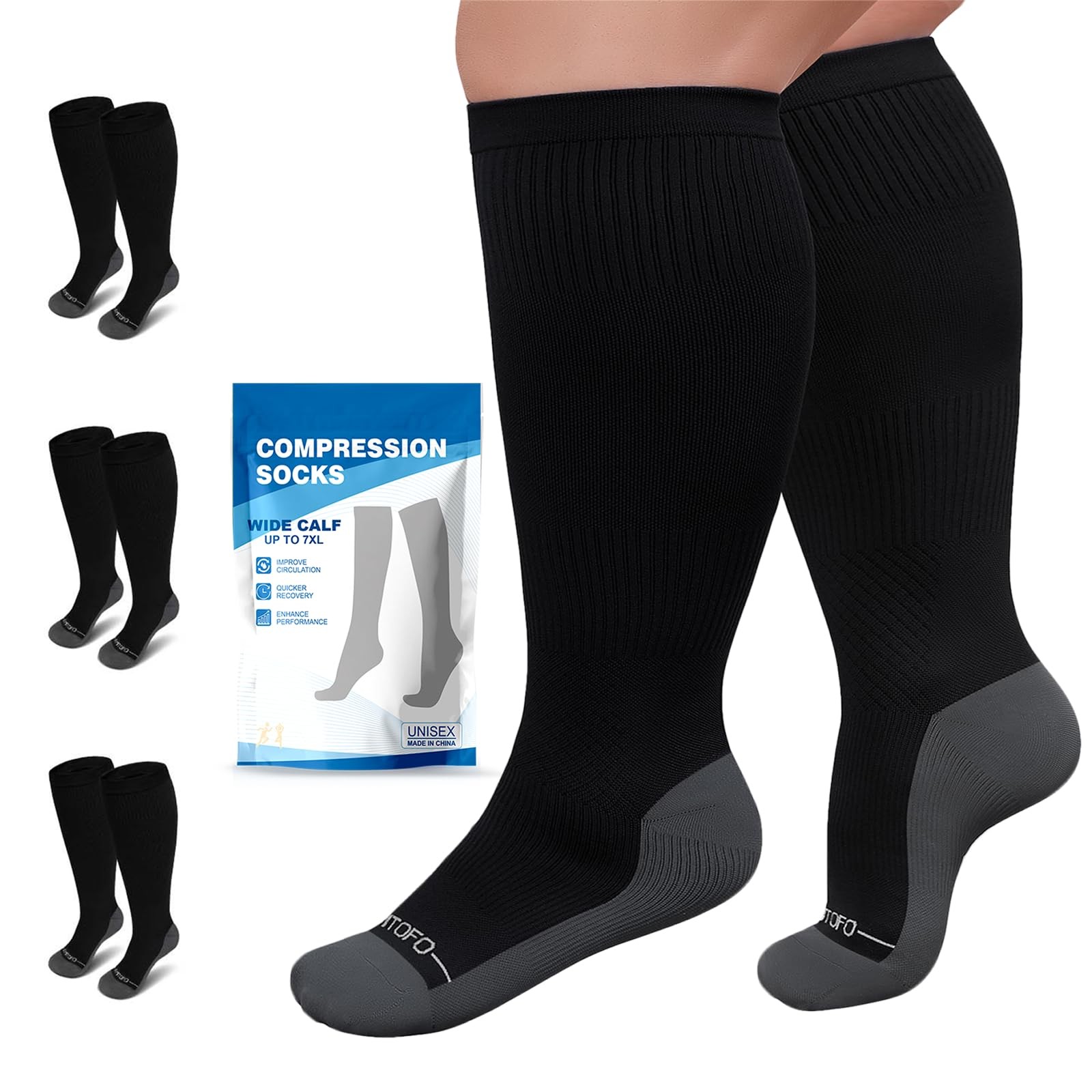 AMITOFO 3 Pairs Plus Size Compression Socks 20-30mmHg for L/XL, 3 Pairs-Black