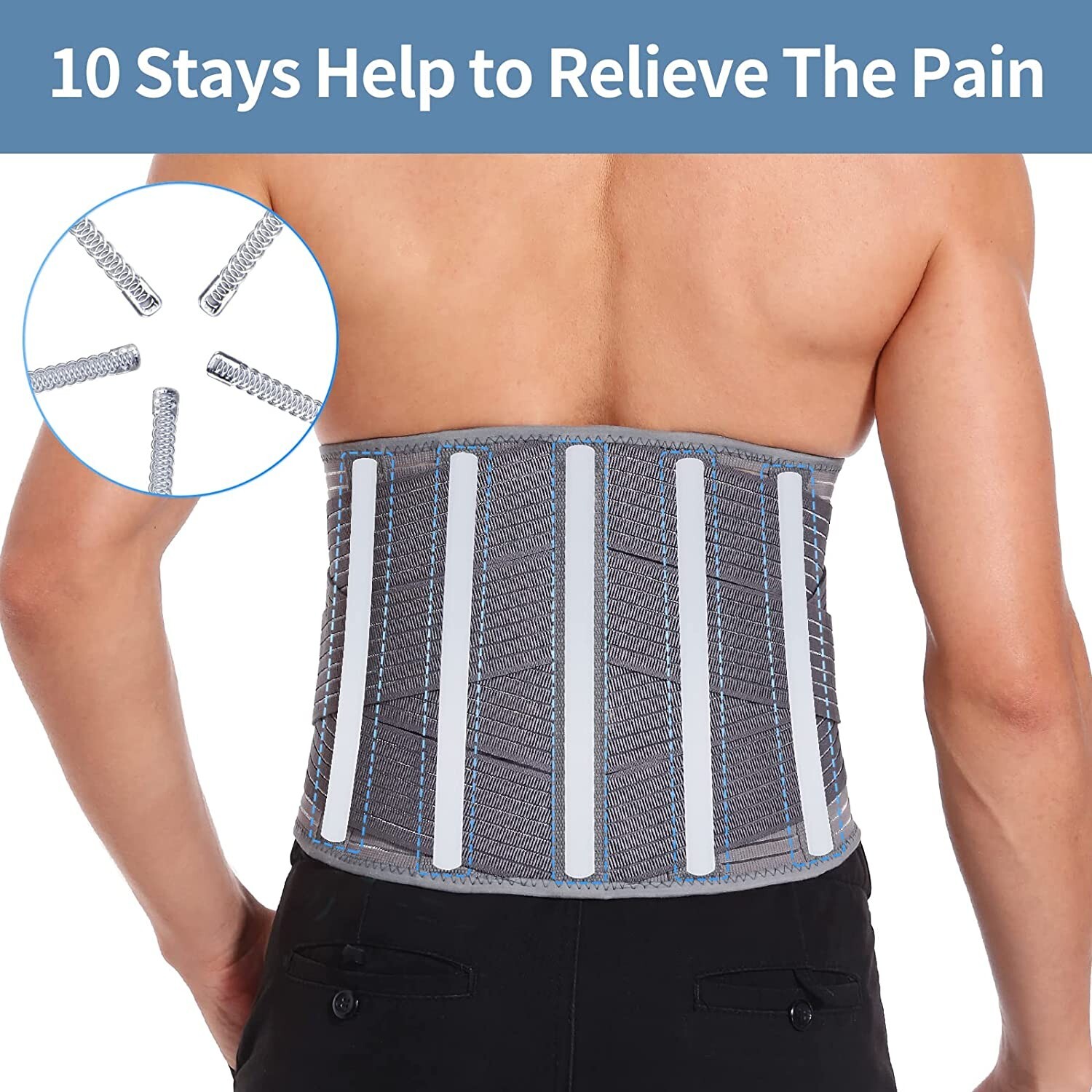 Back Brace by KDD for Men and Women – Adjustable Back Support Belt with 10 Stays