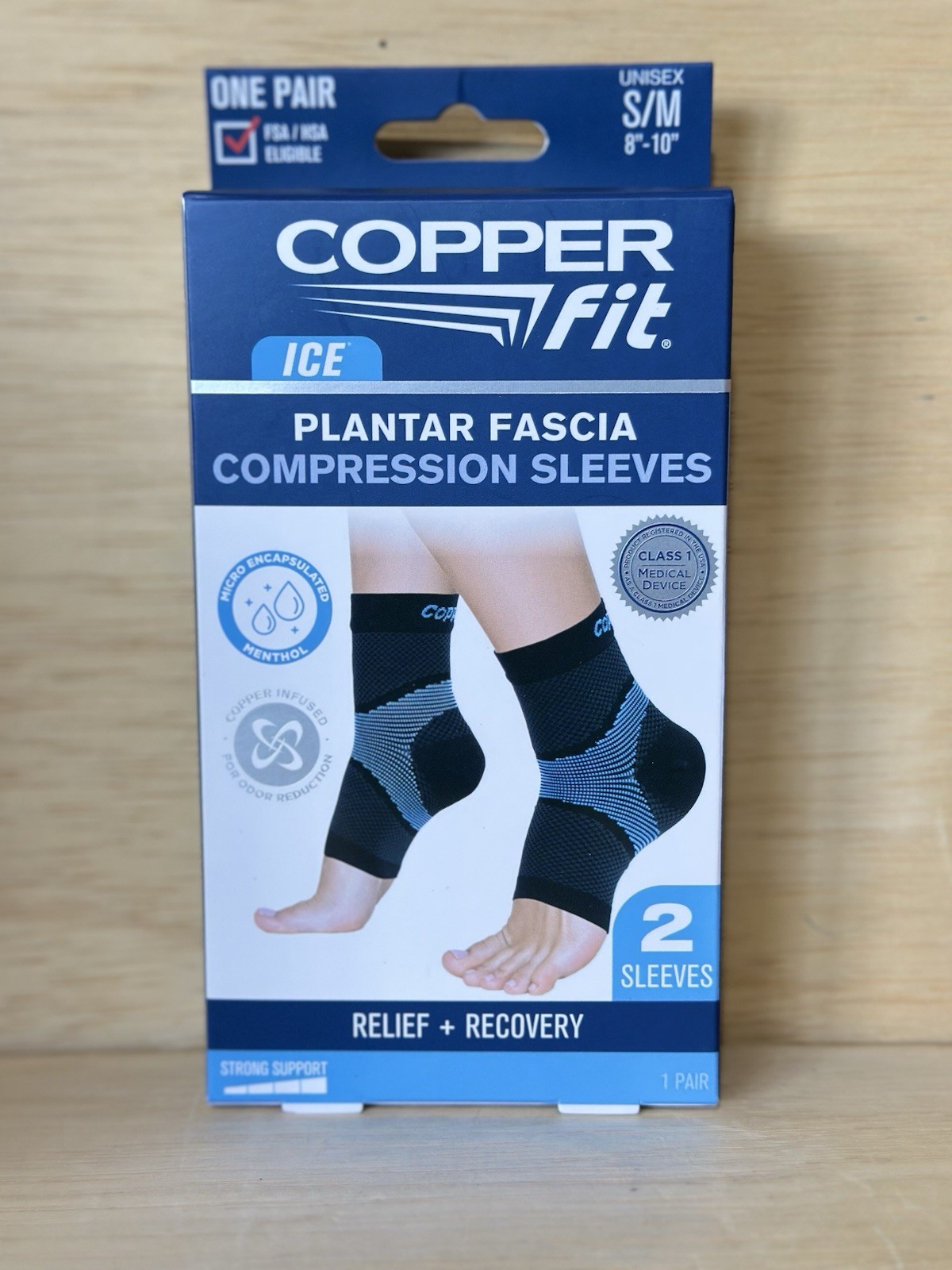 Copper Fit Menthol Infused Plantar Fascia Compression Sleeves – S/M 8”-10”, New.