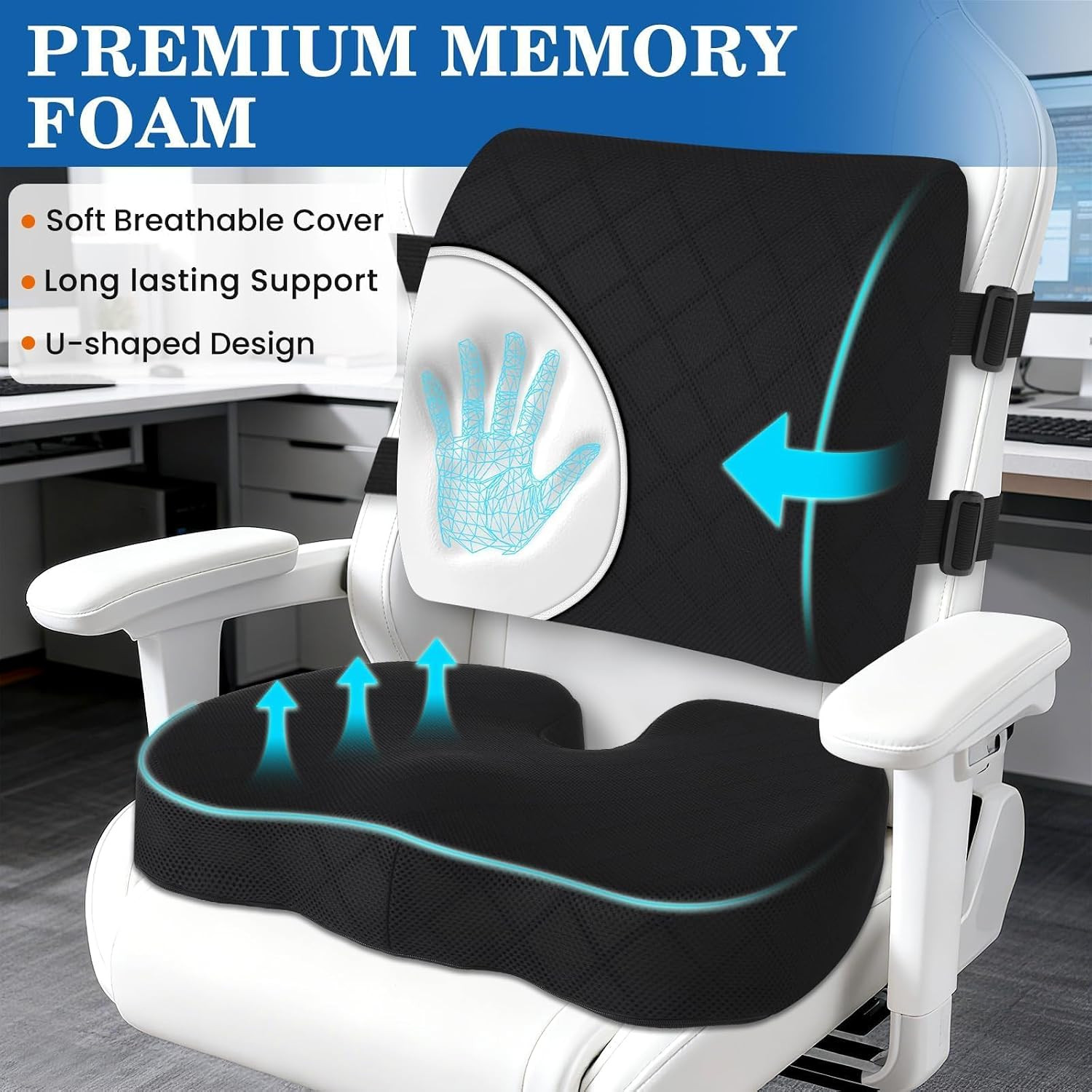 Memory Foam Seat Cushion Lumbar Back Support Office Car Wheelchair Travel Black