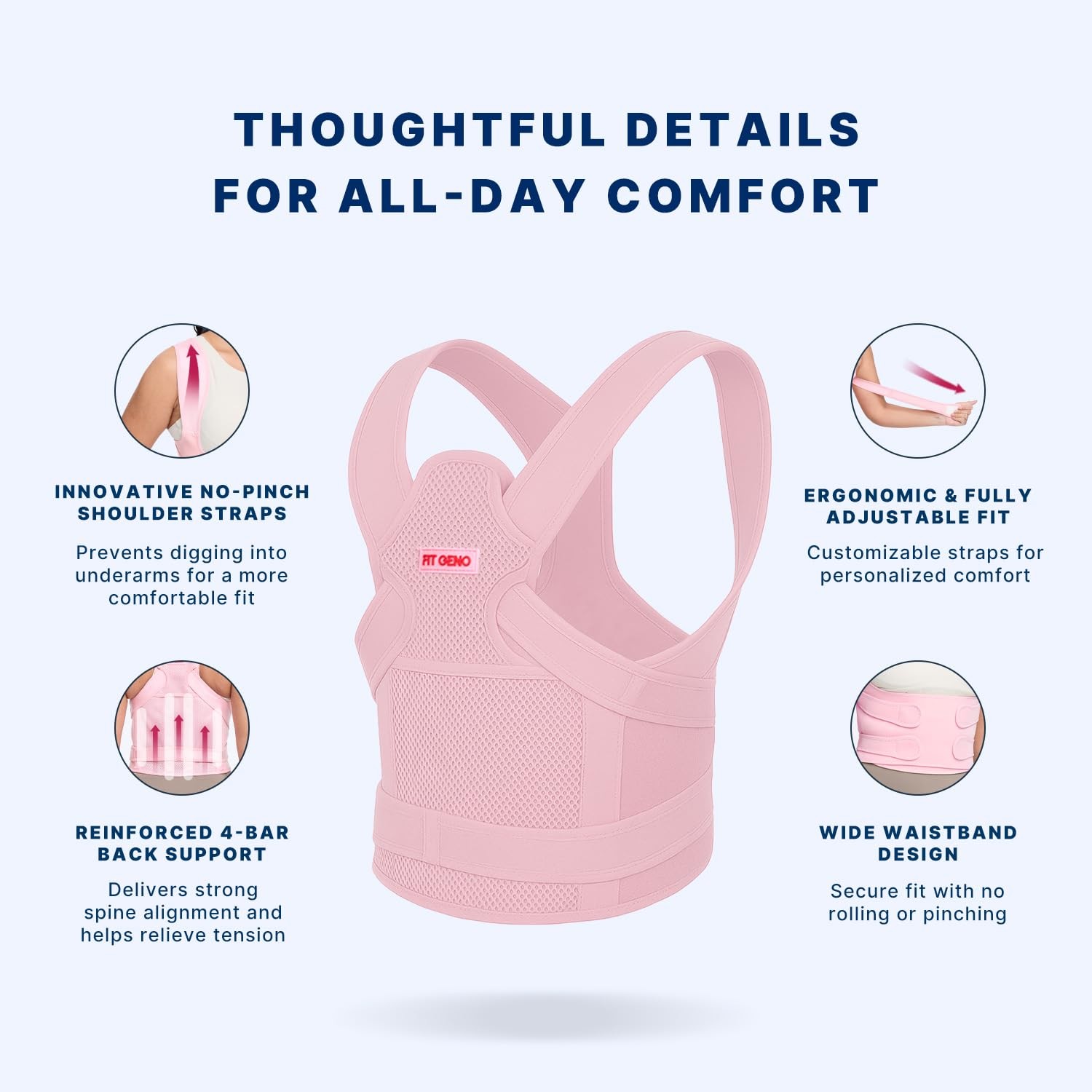 Fit Geno Back Brace Posture Corrector for Women and Men, Medium, Pink