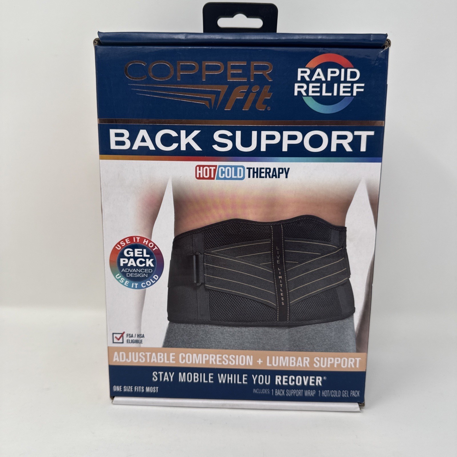 Copper Fit BACK SUPPORT Adjustable Compression+Lumbar Support Hot/Cold Therapy