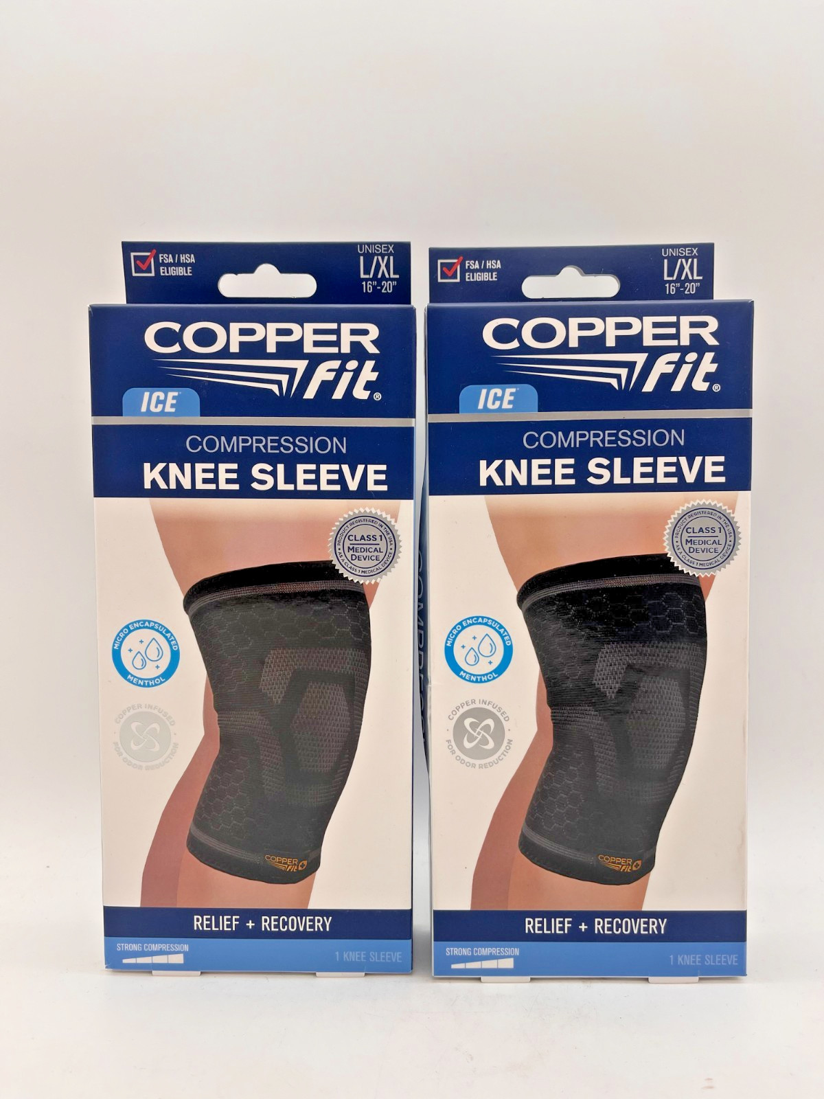2x COPPER FIT ICE MENTHOL COMPRESSION KNEE SLEEVE L / XL 16″-20″ NEW IN BOX