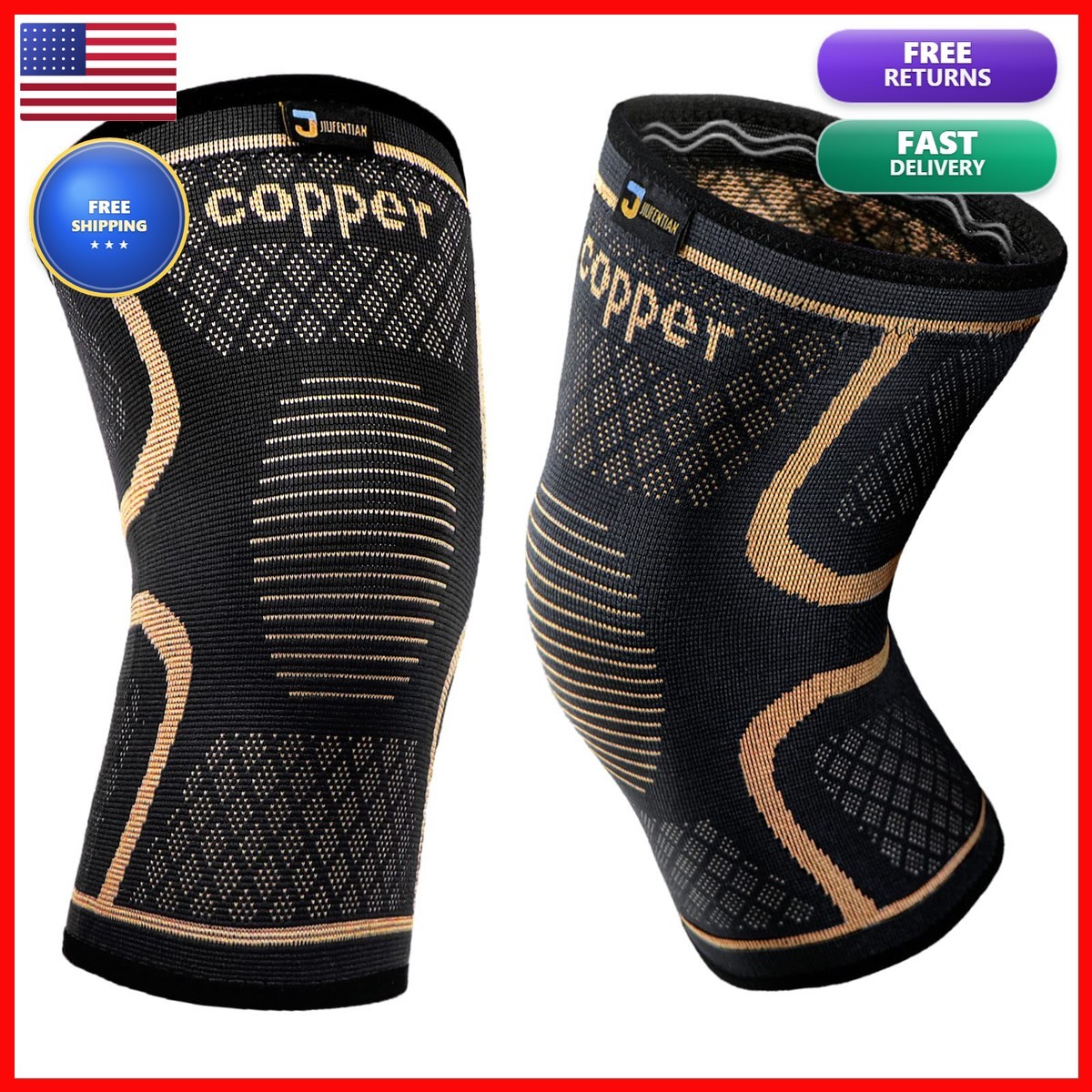 Copper Knee Braces 2 Pack – Compression Knee Sleeve Medium