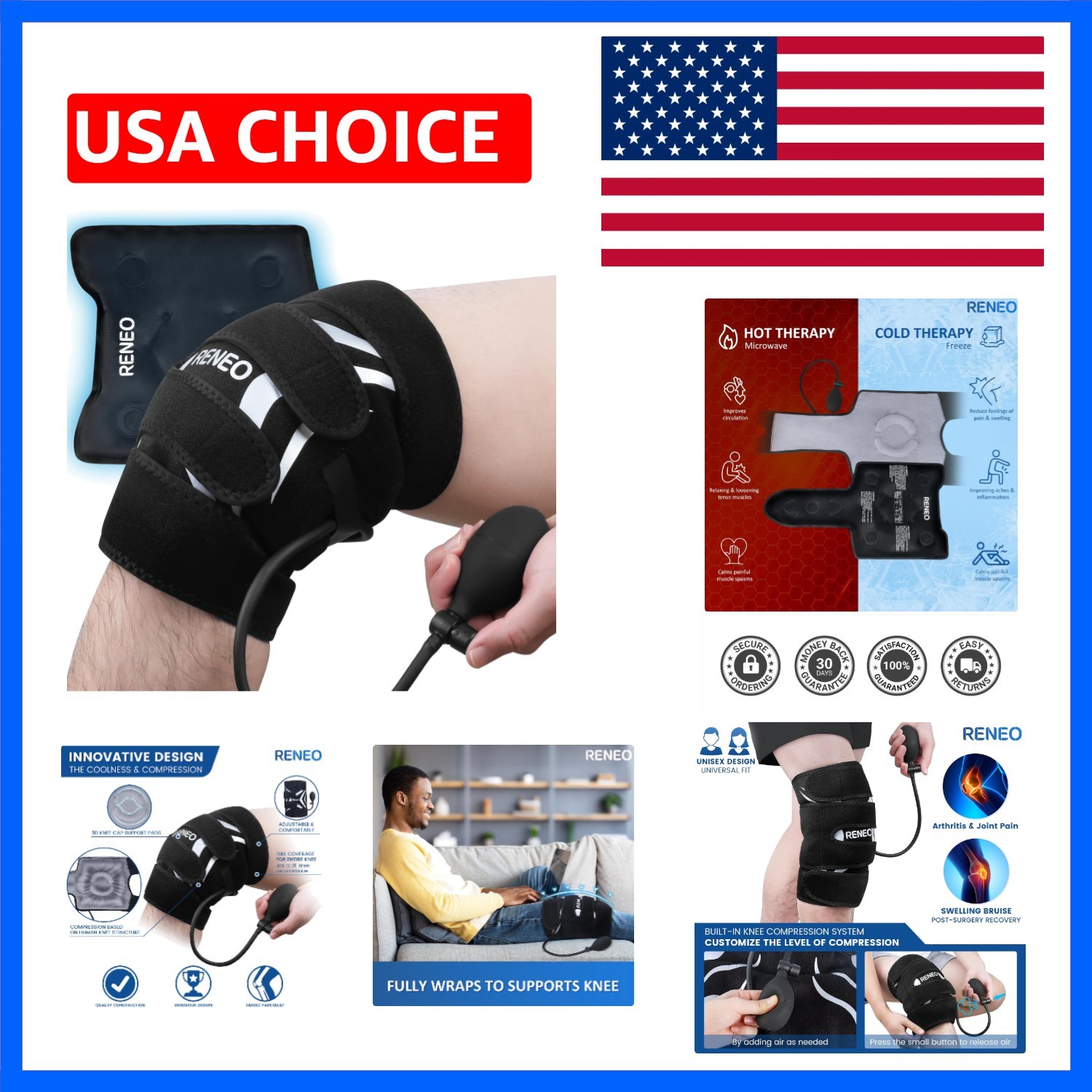 Compression Knee Ice Pack Wrap with Air Pump, Adjustable Knee Brace with Cold…