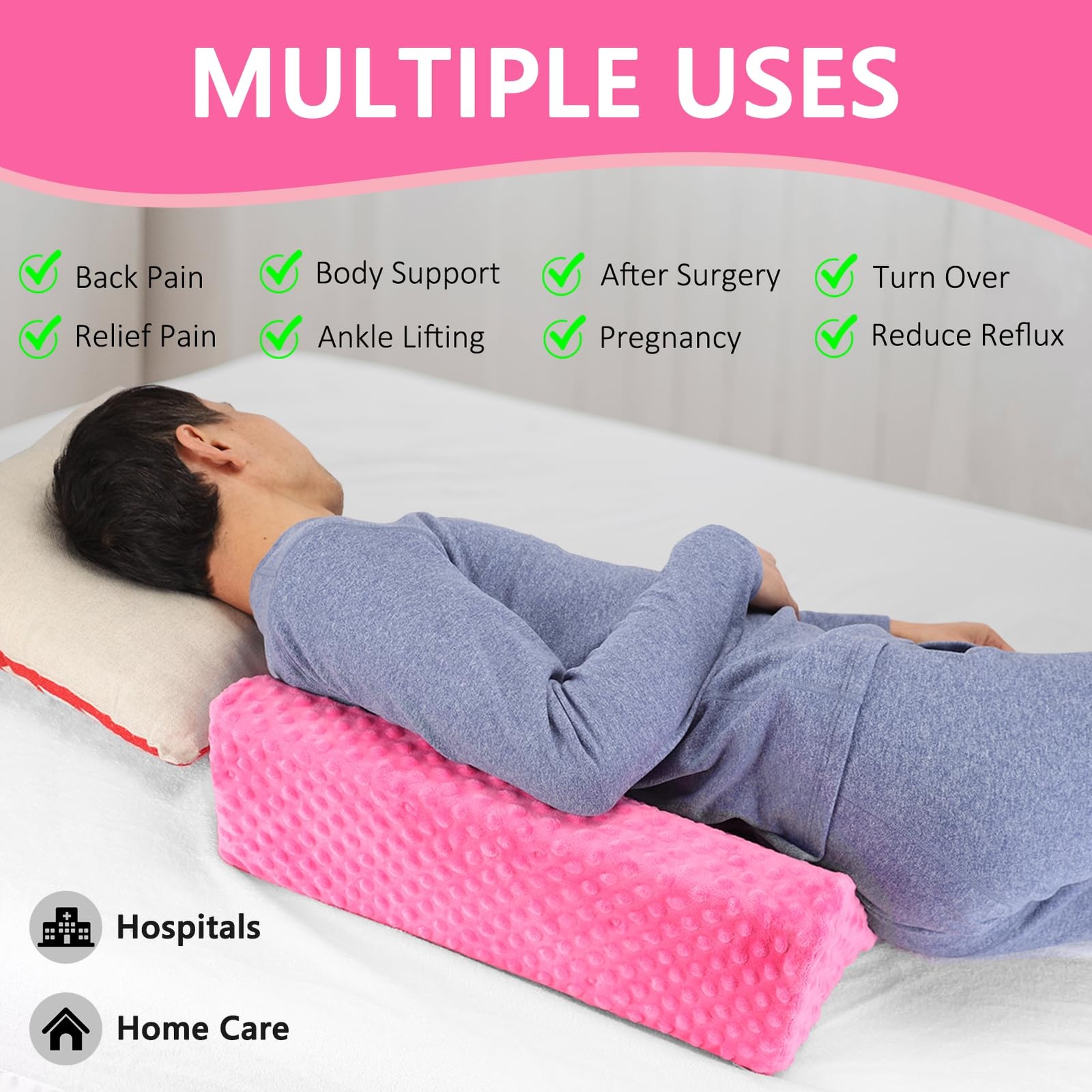 Jacobable Wedge Pillow for Side Sleeping, Body Positioning Foam 5x2x1, Pink