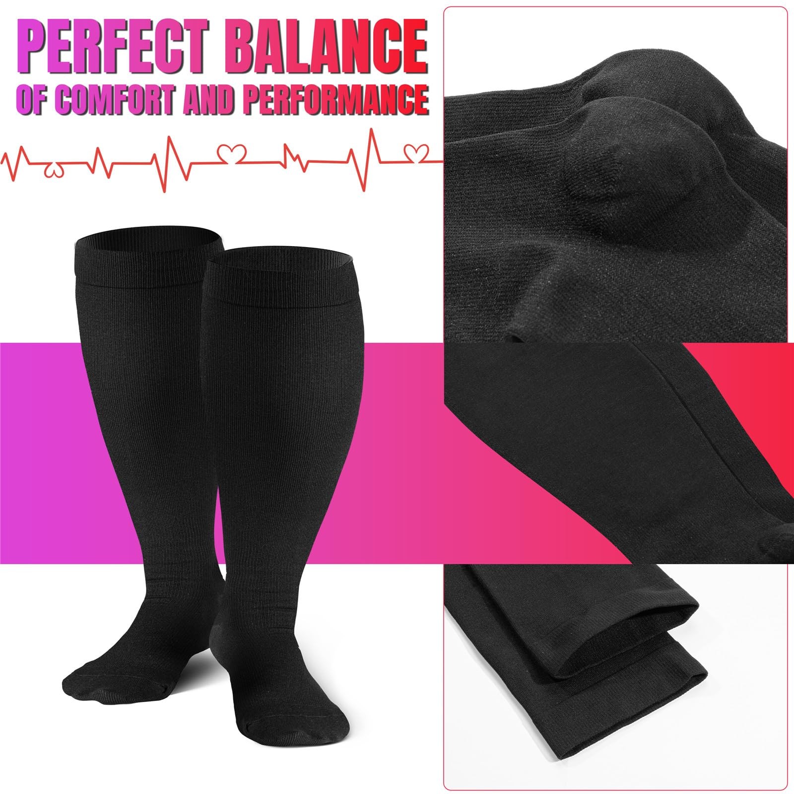 3 Pairs Plus Size Compression Socks Extra Wide Calf 20-30mmHg Support