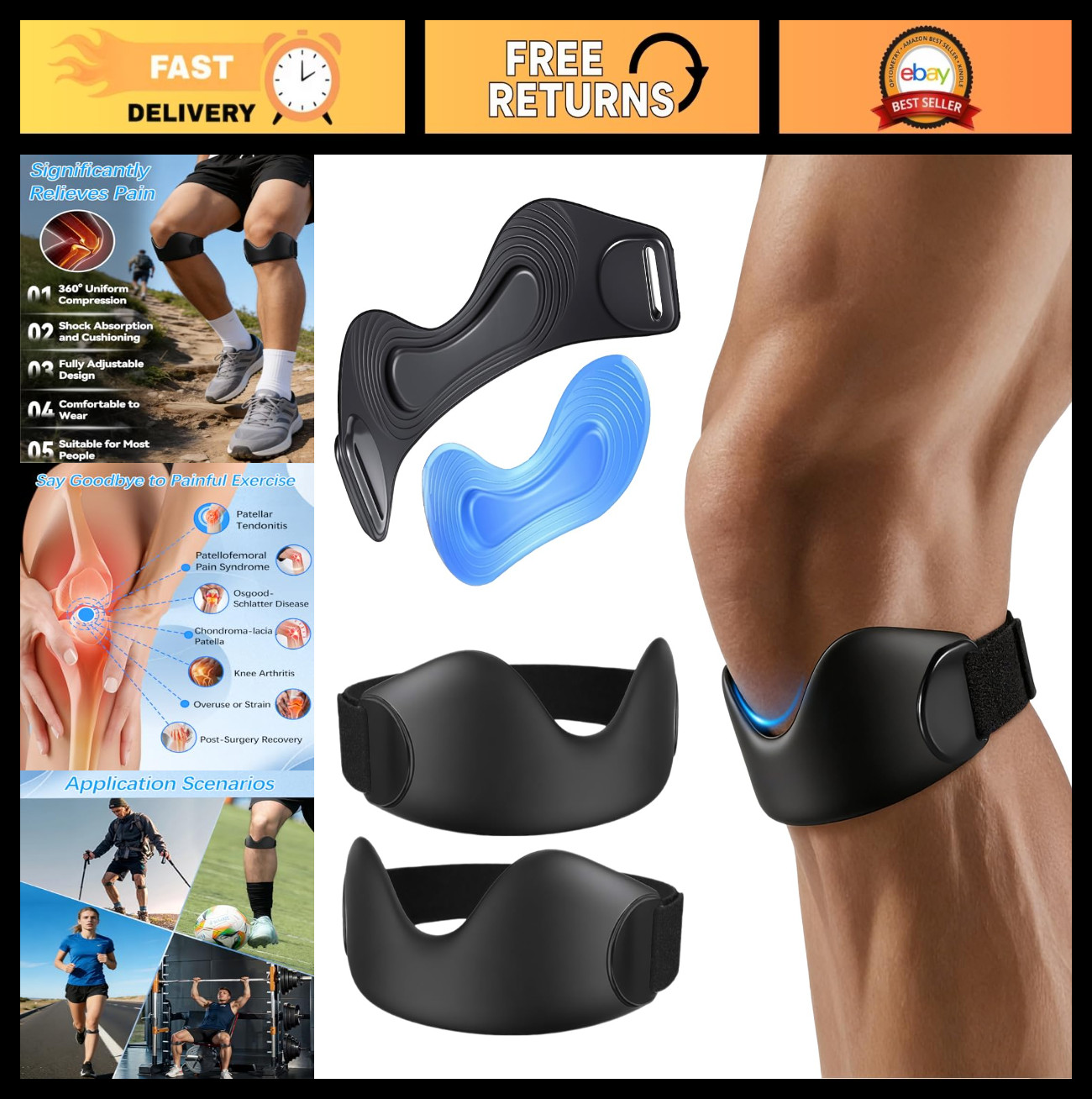 Adjustable Silicone Patellar Tendon Support Strap 2 Pack for Knee Pain Relief –