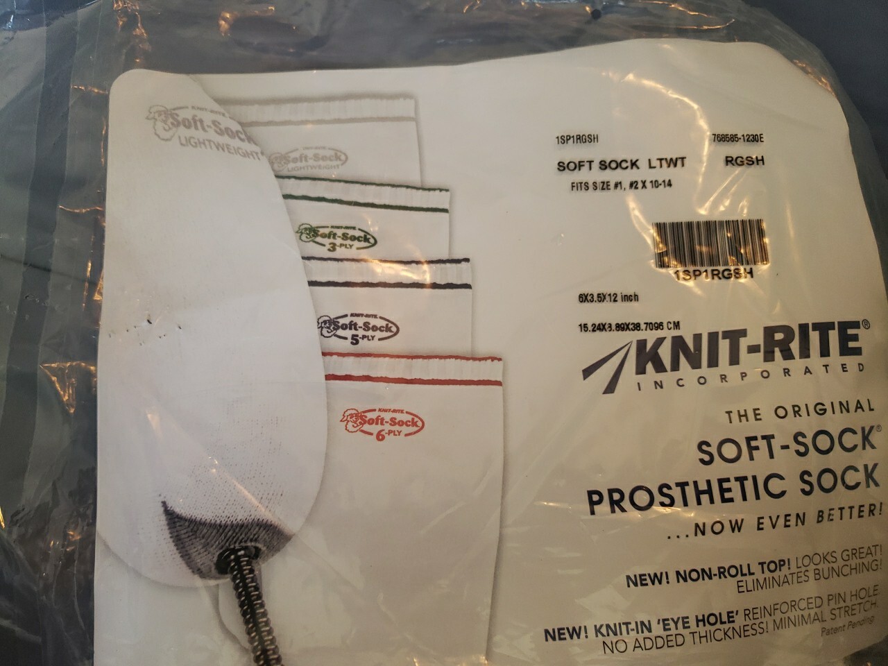 Knit-Rite Soft-Sock Prosthetic Sock 5 Ply No Hole Fits Size #1 ,#2 X 10-14 NEW