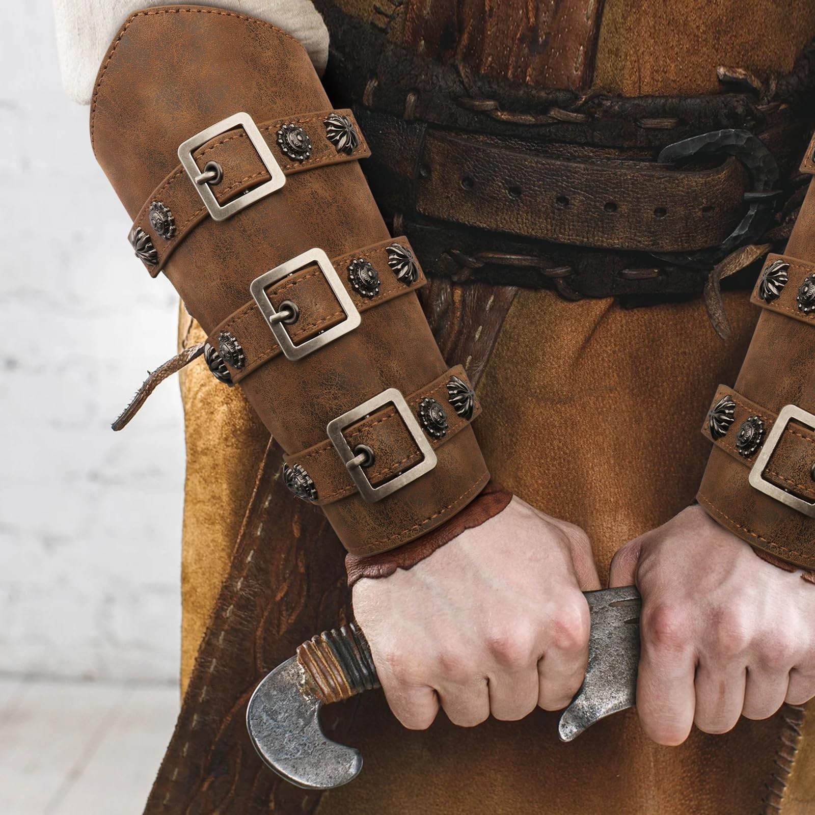 Medieval Leather Arm Bracer Gauntlet Wristband – Brown Buckle Cuffs for Costumes