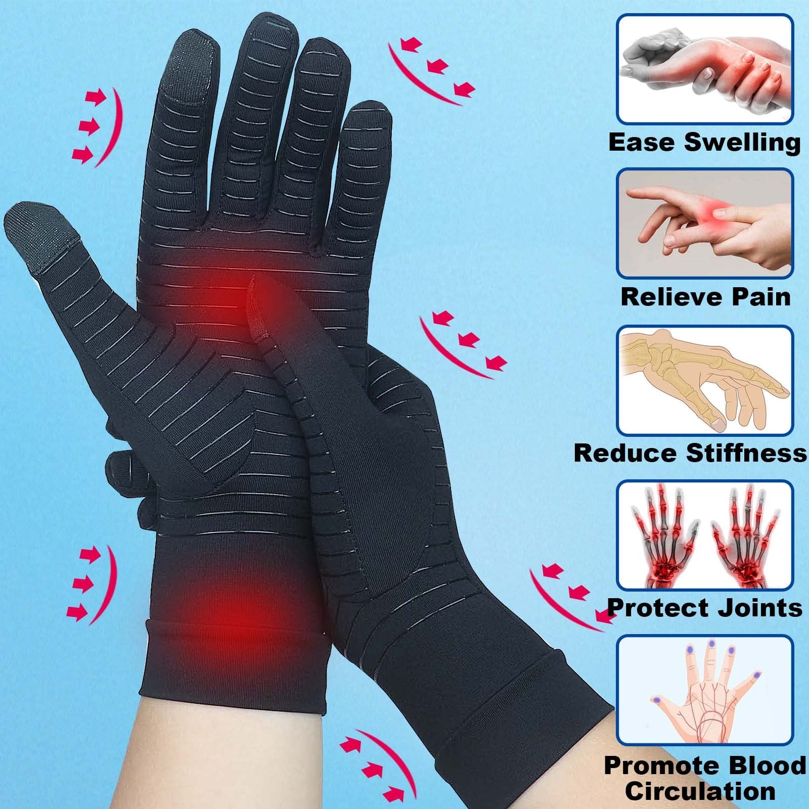 Full Finger Copper Compression Gloves for Arthritis Relief & Touchscreen Use