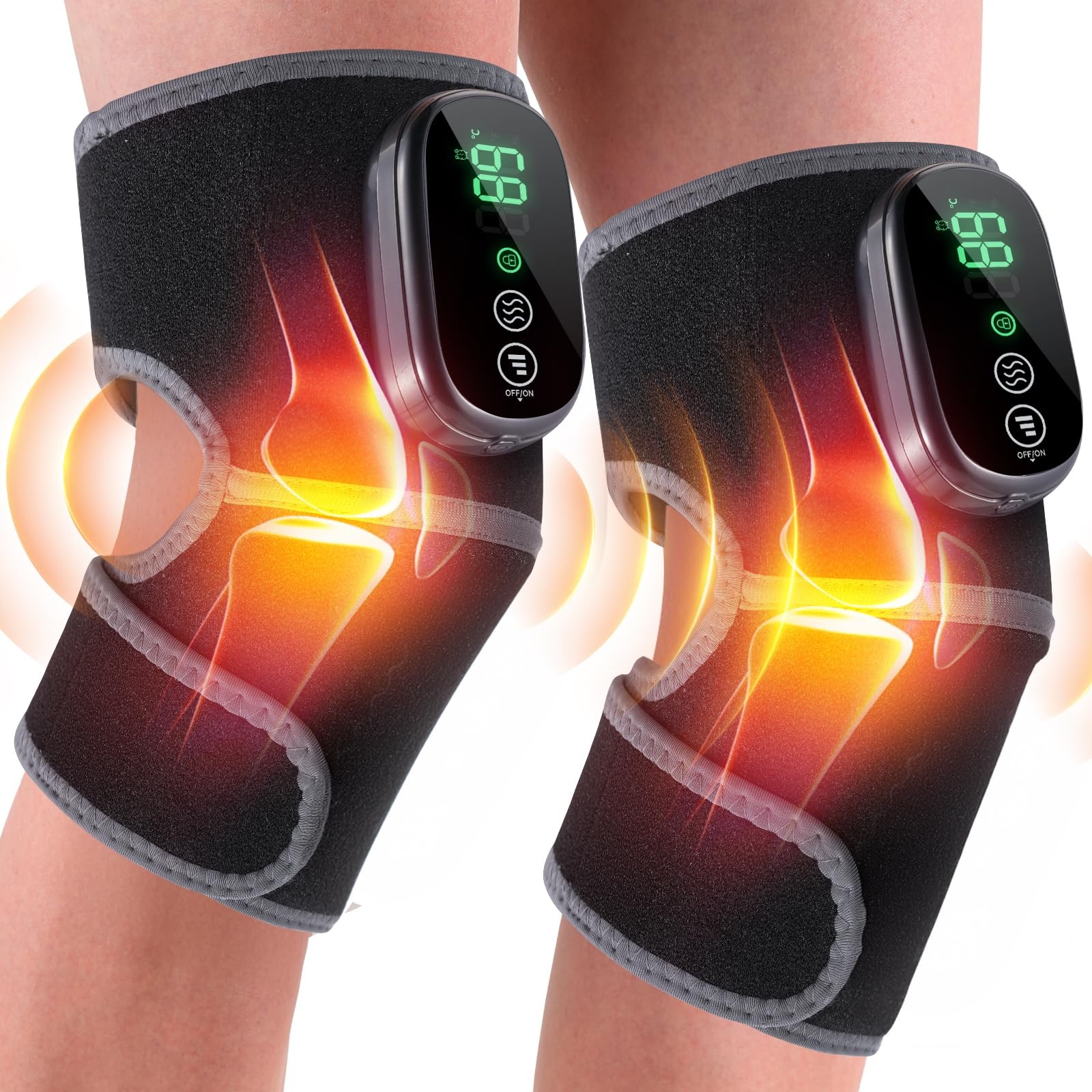 Cordless Heated Knee Massager, 3~in~1 Vibration Pad, Auto~Off, 2 Pack