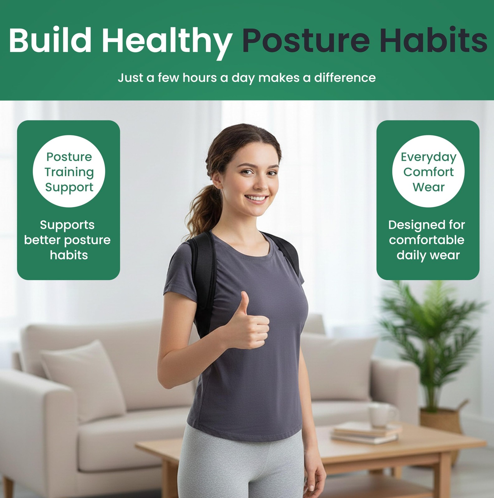 Posture Support Brace for one size (Adjustable), Black with Green Accent