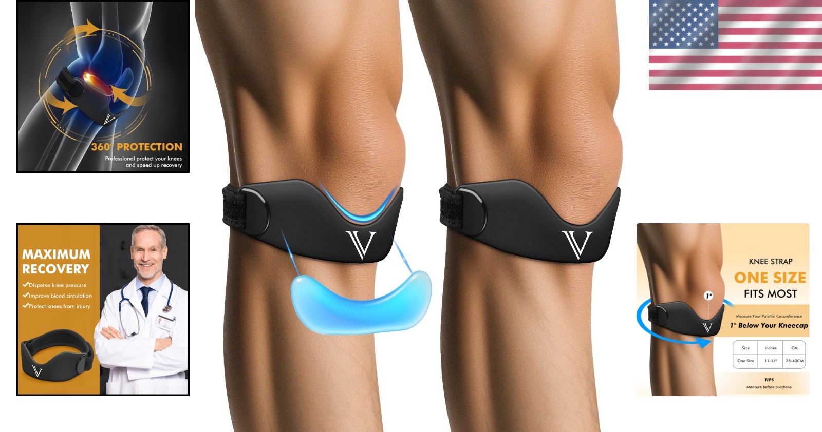 Silicone Patellar Tendon Support Strap 2-Pack, Knee Brace for Women Men, Adju…