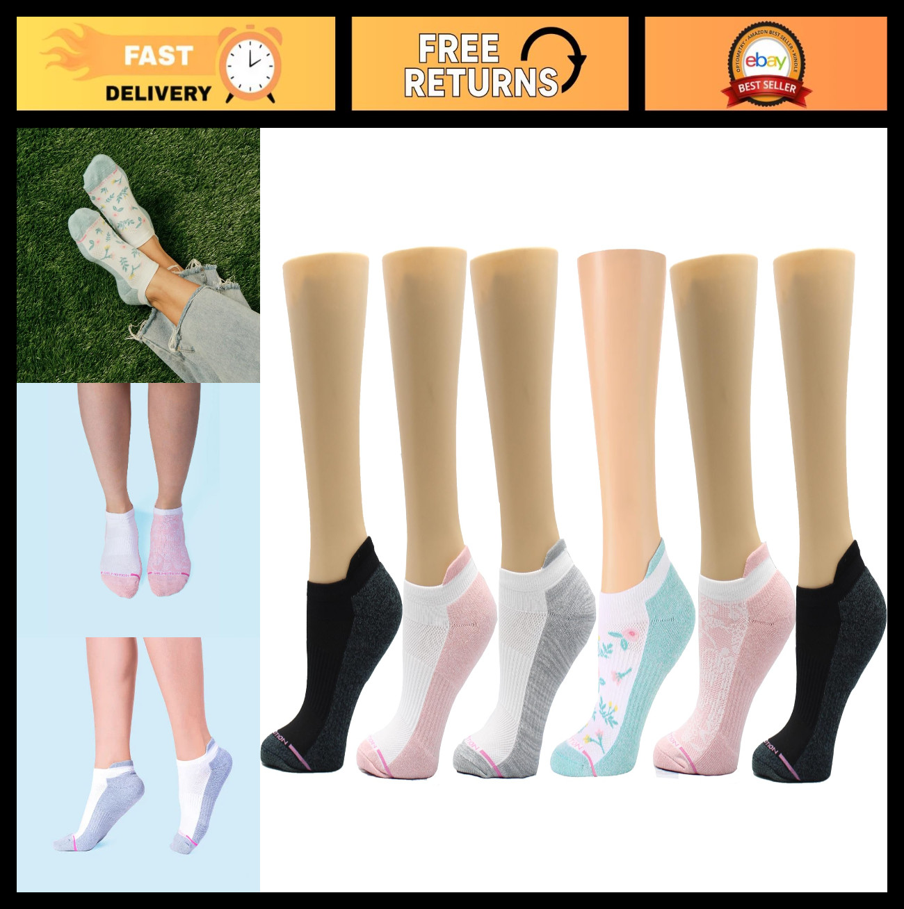Cushioned Compression Ankle Socks for Women, Breathable, Arch Support, 6 Pairs