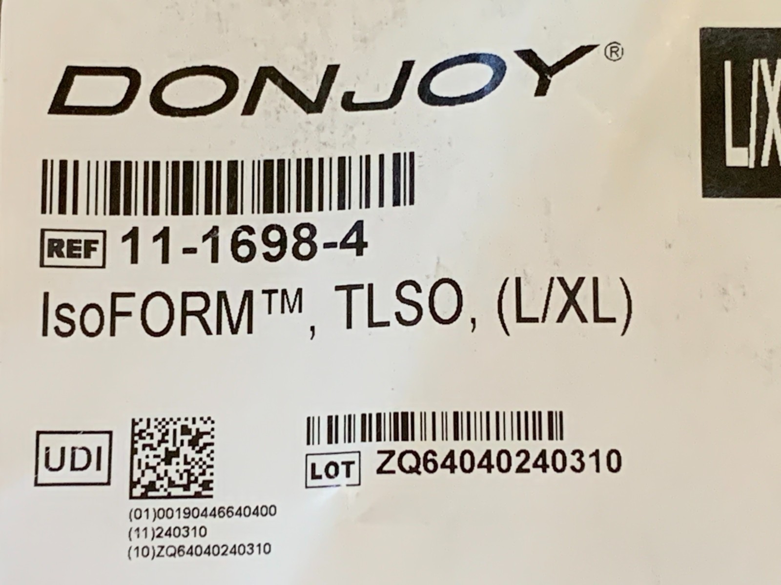 DonJoy Isoform TLSO Back Brace for Lumbar Spine Support Size L/XL 11-1698-4