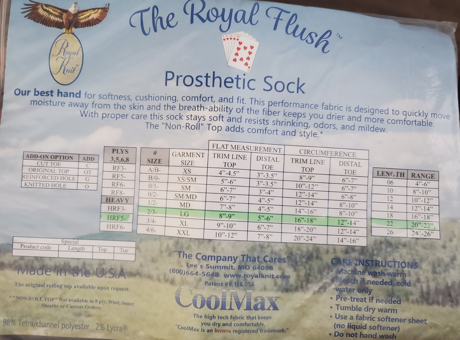 NEW Royal Knit “The Royal Flush” White Prosthetic Sock 5-Ply CoolMax Large LG