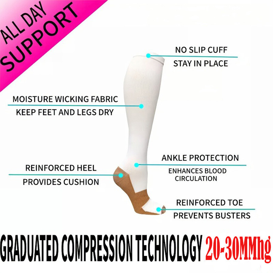 3Pair Copper Compression Socks 20-30Mmhg Para Hombres y Mujeres Medias Talla