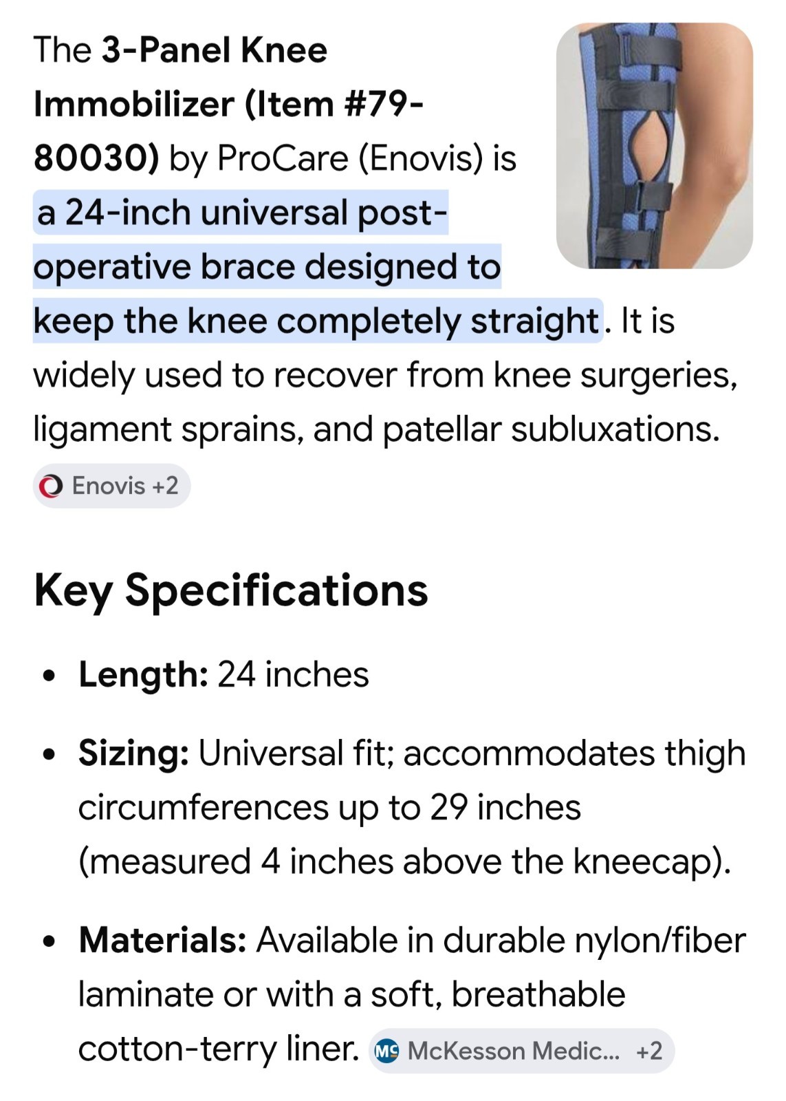 NEW Procare 3 Panel Knee Immobilizer