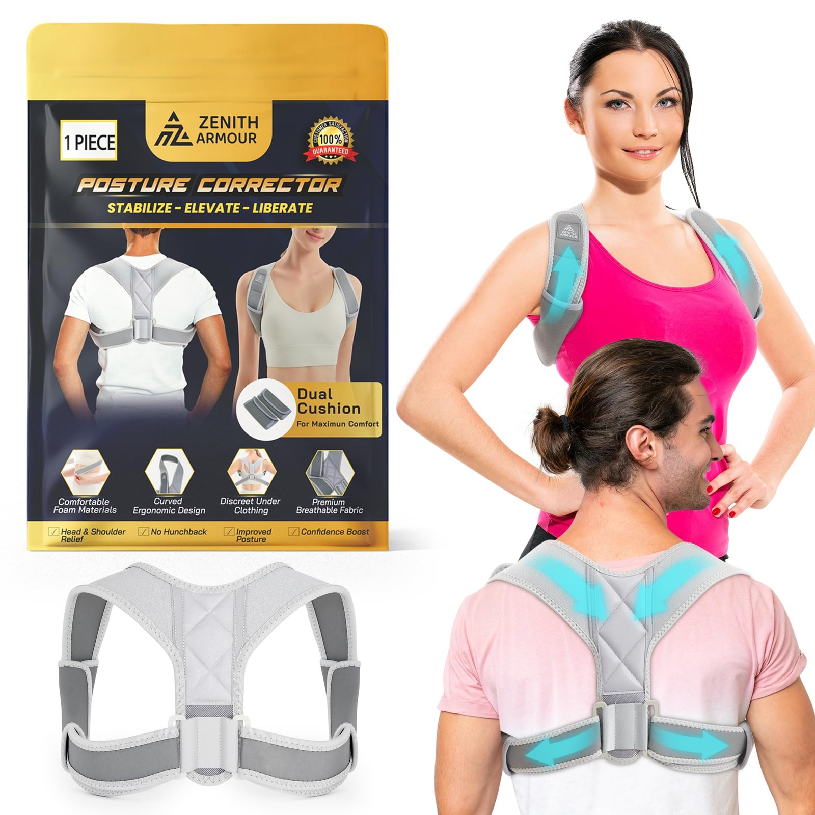 Zenith Armour Back Posture Corrector for Men and Women – Adjustable Gray