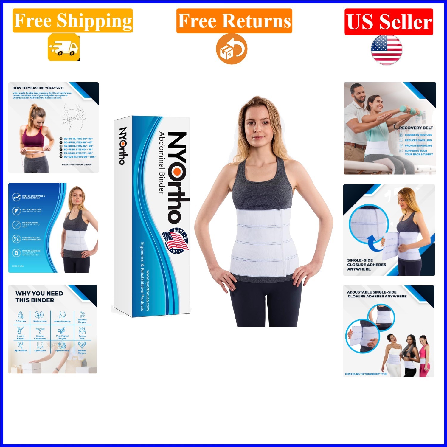 12″ Post-Surgery Abdominal Binder for Men & Women, 60-75in, Latex-Free