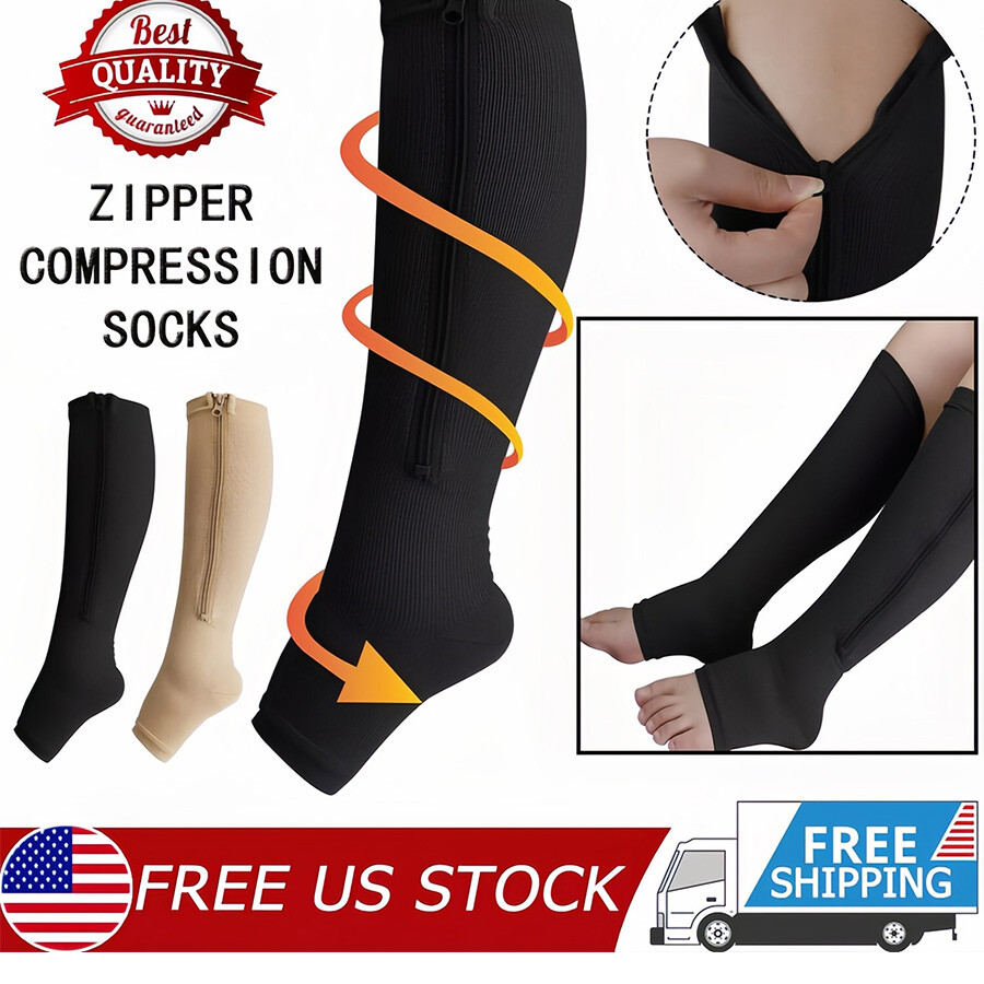 Open Toe Compression Socks Women Men 20-30mmHg Zipper Support Stockings Leg Calf