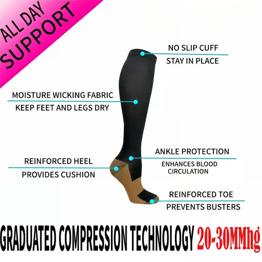 3Pair Copper Compression Socks 20-30Mmhg Para Hombres y Mujeres Medias Talla