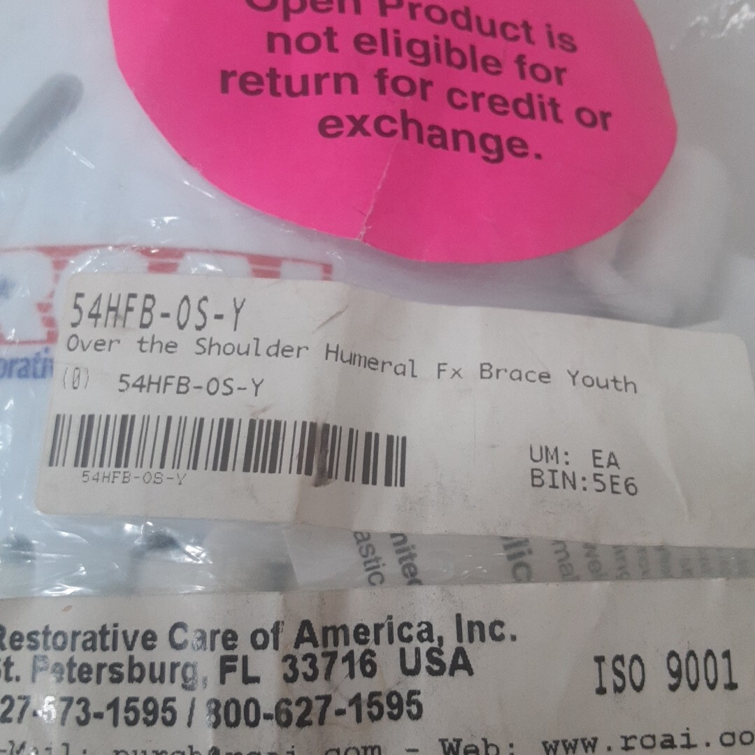 RCAI RESTORATIVE CARE OF AMERICA HUMERAL FRACTURE BRACE OVER THE SHOULDER YOUTH