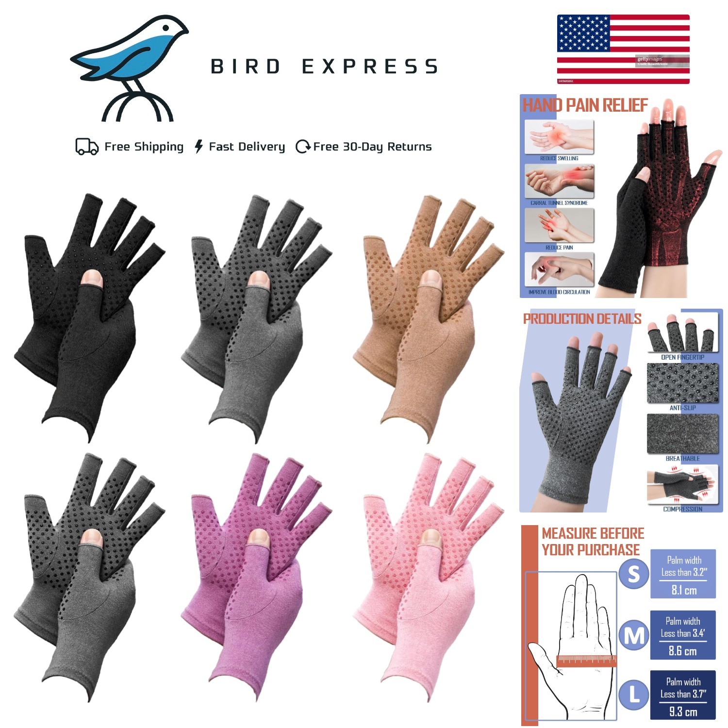 6 Pairs Arthritis Compression Gloves Fingerless Stretch Breathable – Size Medium