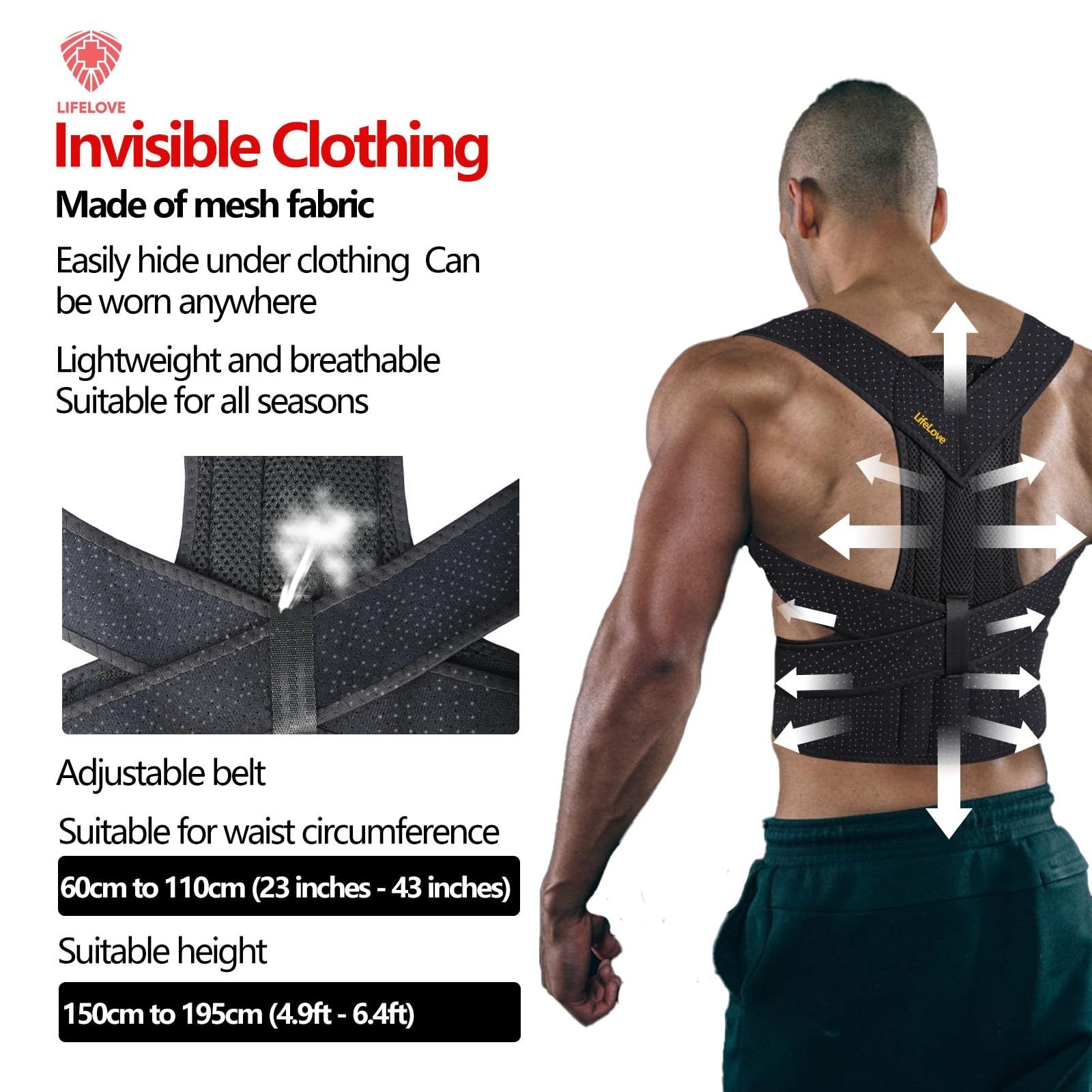 LifeLove Adjustable Posture Support Brace for Upper Back & Shoulders, Fits He…