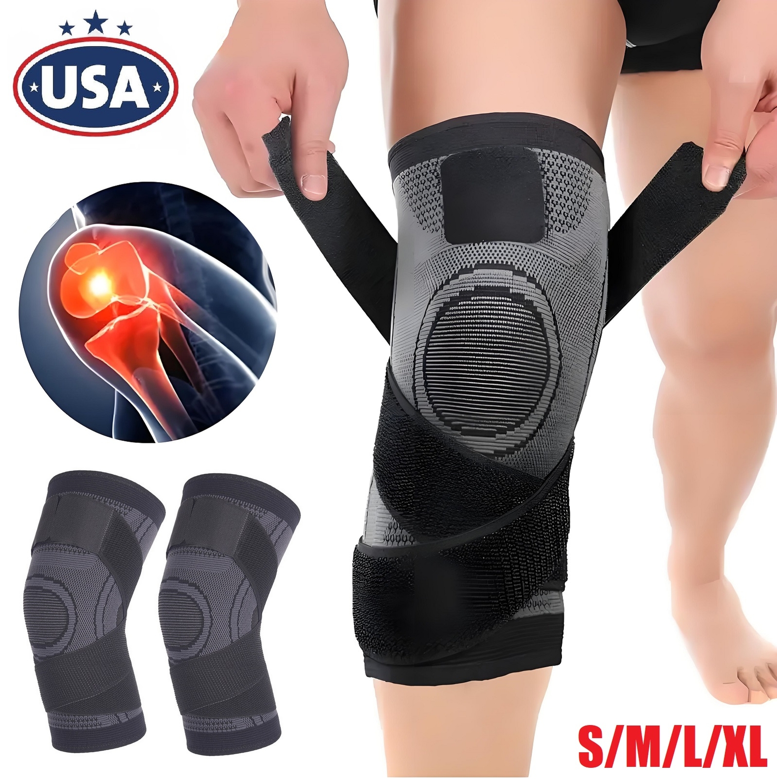 2× Knee Brace Compression Sleeve w/ Strap Pain Relief Knee Support Arthritis USA