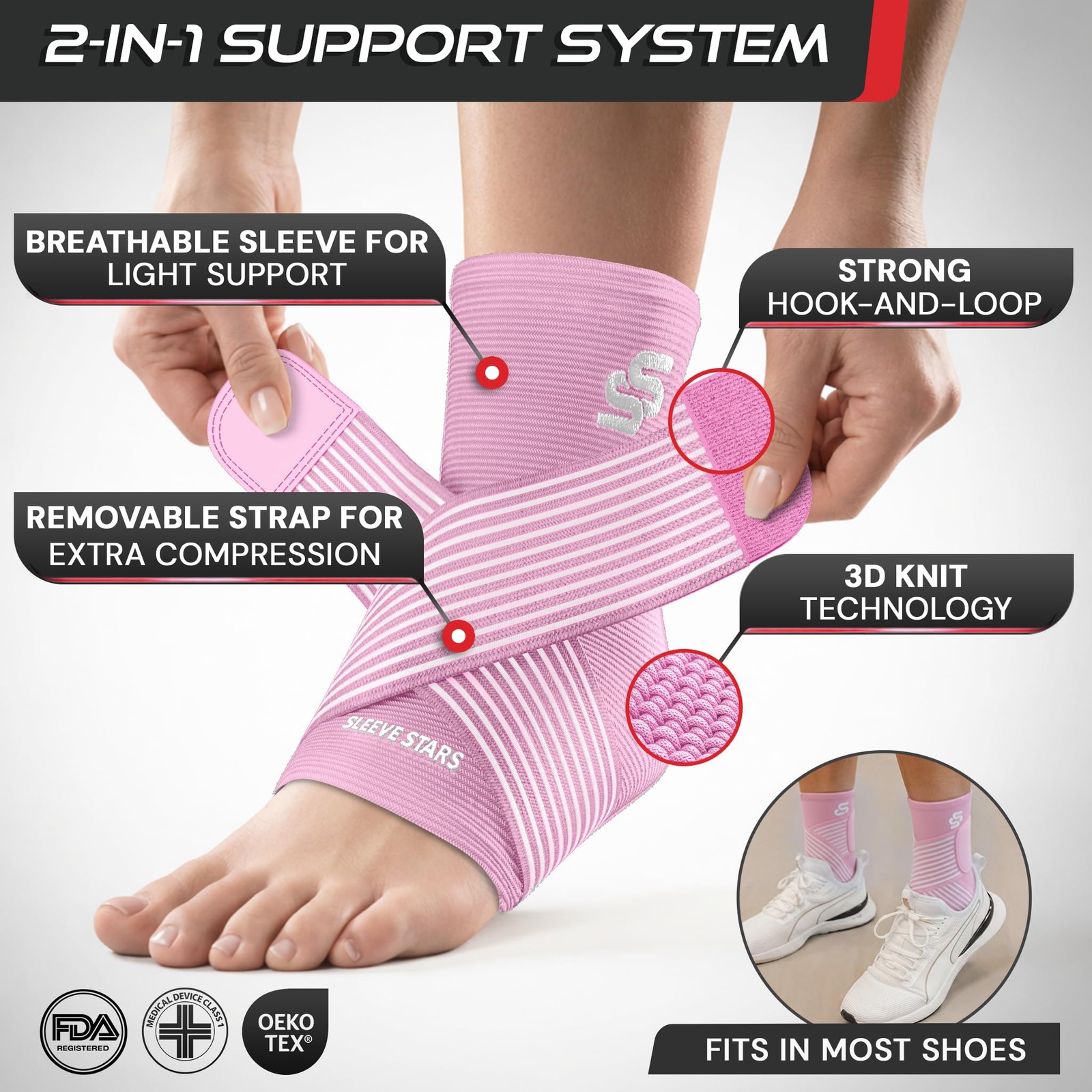 Sleeve Stars Ankle Brace for Women & Men, Wrap Large, Baby Pink
