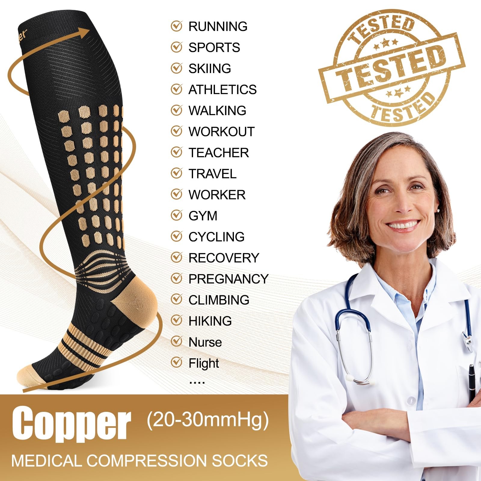 Copper Compression Socks, Medical Graduated Socks with Patented Design for Pa…