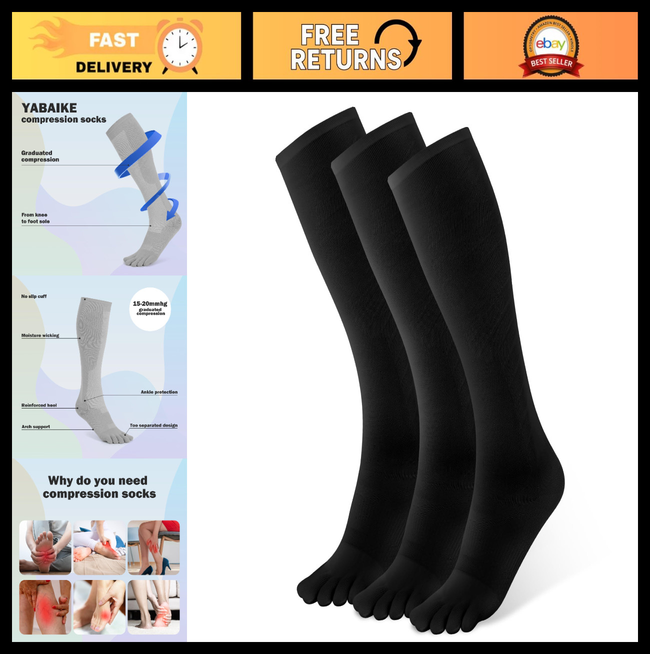 Knee High Compression Toe Socks 15-20mmHg for Men & Women – 3 Pairs, Circulation