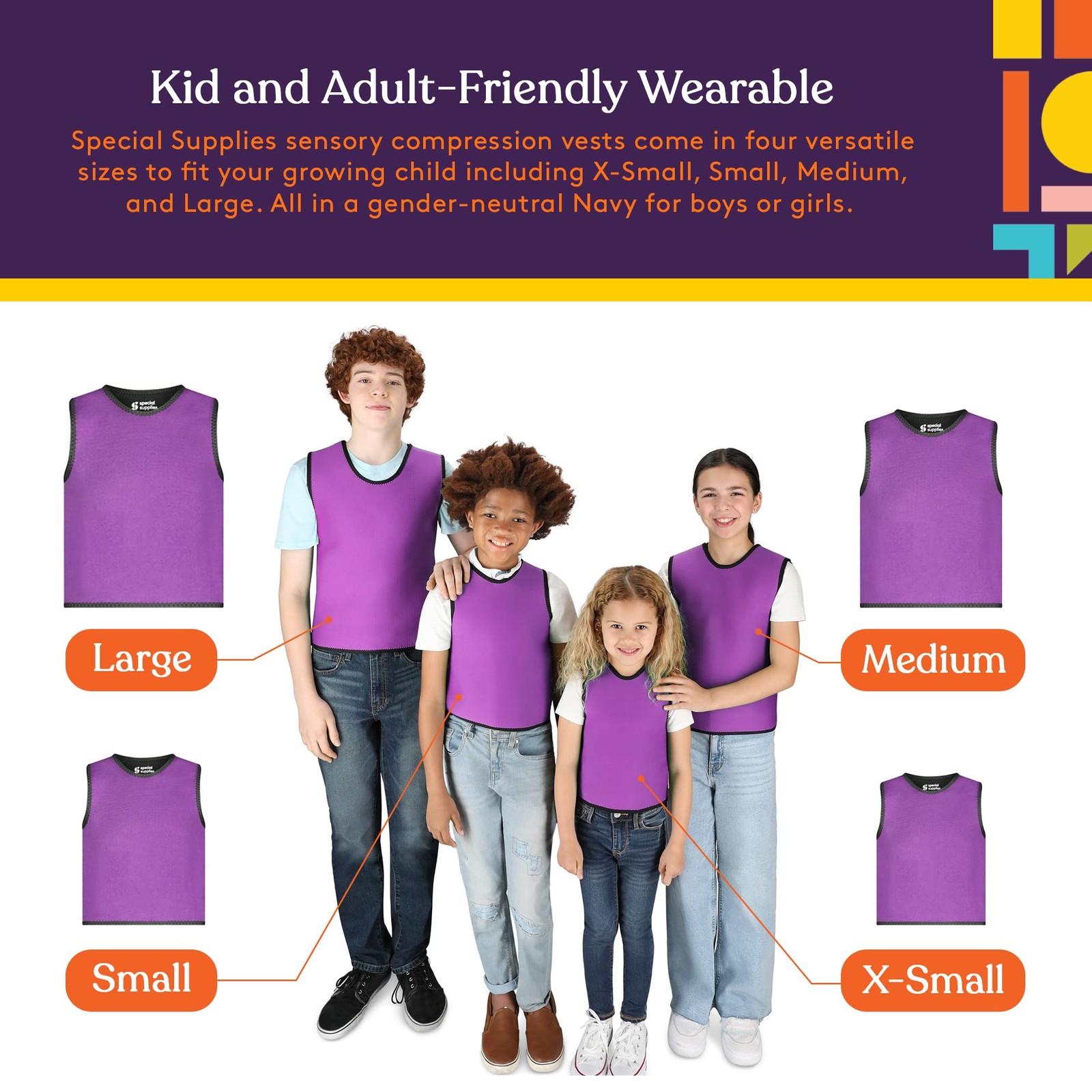 Special Supplies Sensory Compression Vest Deep Pressure Comfort (Purple, Large)