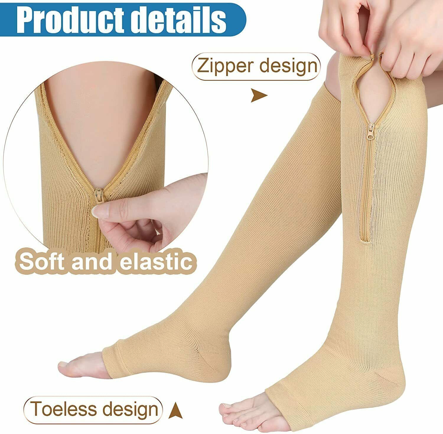Open Toe Compression Socks Women Men 20-30mmHg Zipper Support Stockings Leg Calf