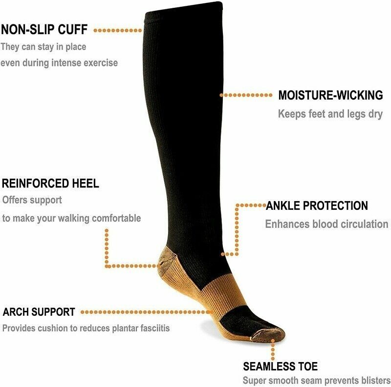 Copper Compression Socks Support Aching Feet Swelling S-2XL Hombres Y Mujeres+