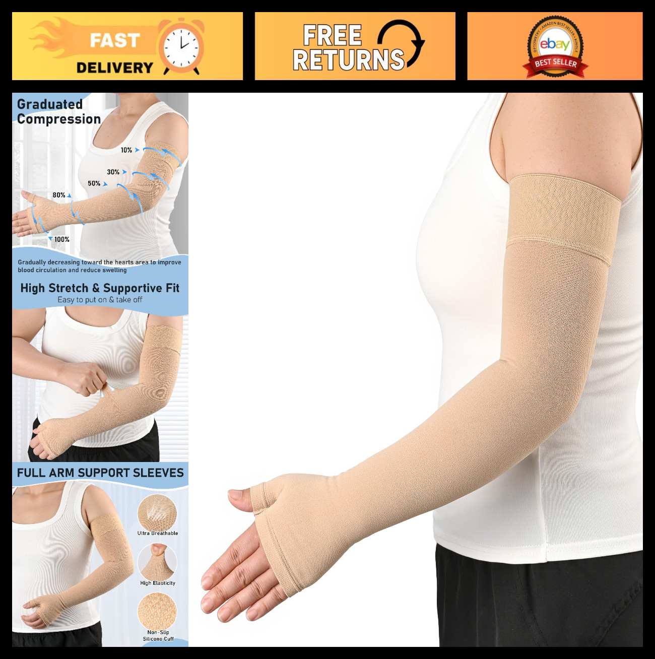 Compression Arm Sleeve with Gauntlet, 15-20 mmHg Support for Lymphedema, Arthrit