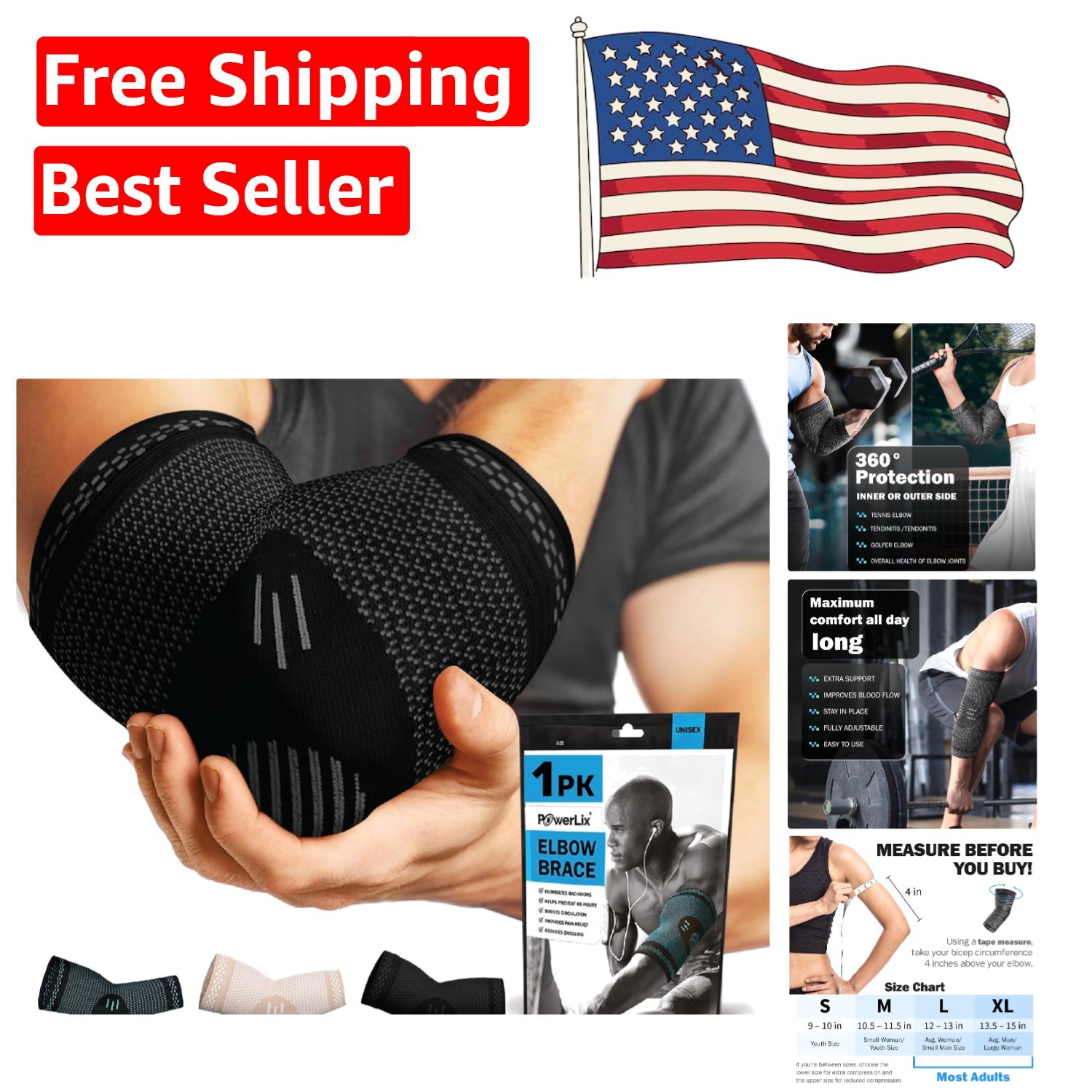 Multi-Purpose Elbow Compression Sleeve – Tennis & Golfer’s Elbow Relief, S Black