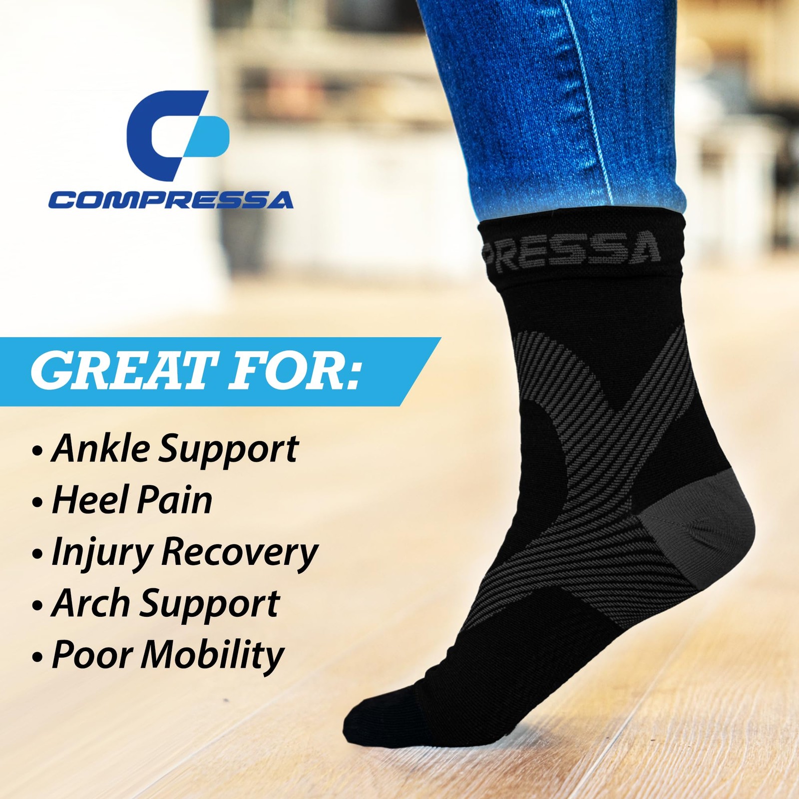 Compressa Compression Socks for Women & Men – Ankle Closed Toe, Black/Grey