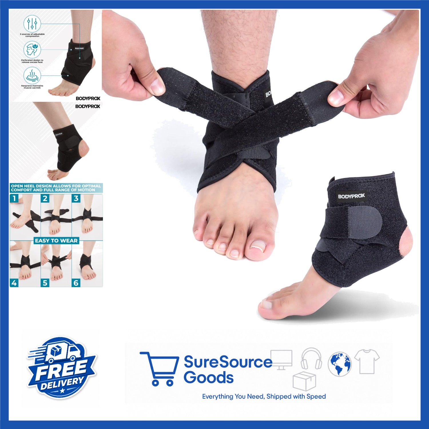 Neoprene Ankle Support Brace Adjustable for Basketball Running Soccer Black