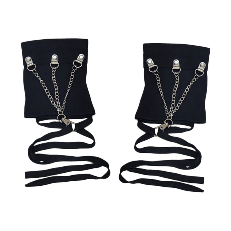 Black Fingerless Sleeve Cuffs Gloves with Wrap Straps for Theme Party Wear