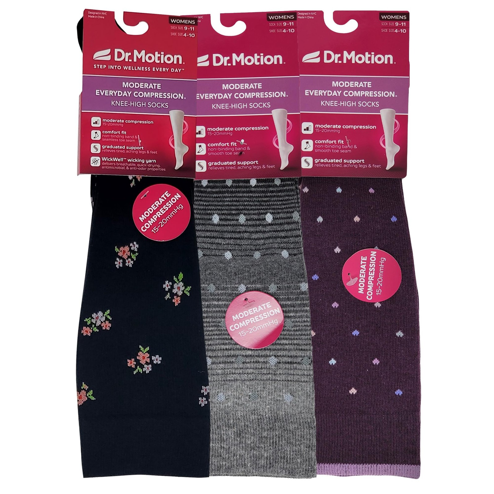 Dr Motion Womens Compression Knee High Socks 15-20 mmHg 3 Pairs