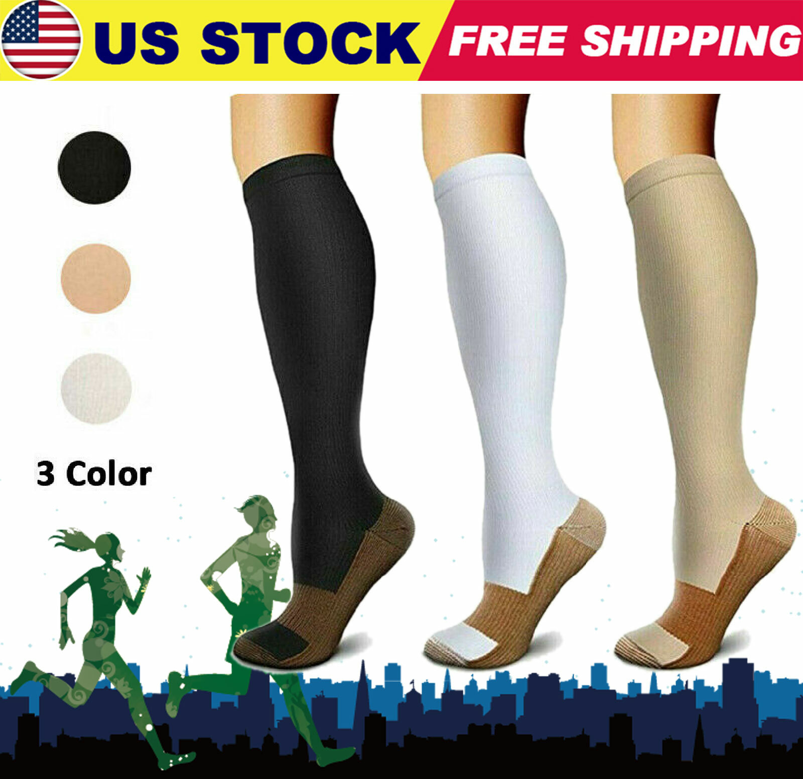 (3 Pairs) Copper Compression 20-30mmHg Graduated Support Socks Mens Womens S-XXL