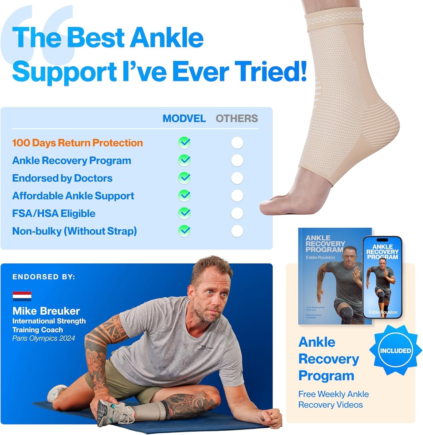 Modvel Ankle Compression Support Sleeve Brace Skin/Nude Pair Size Large NEW!