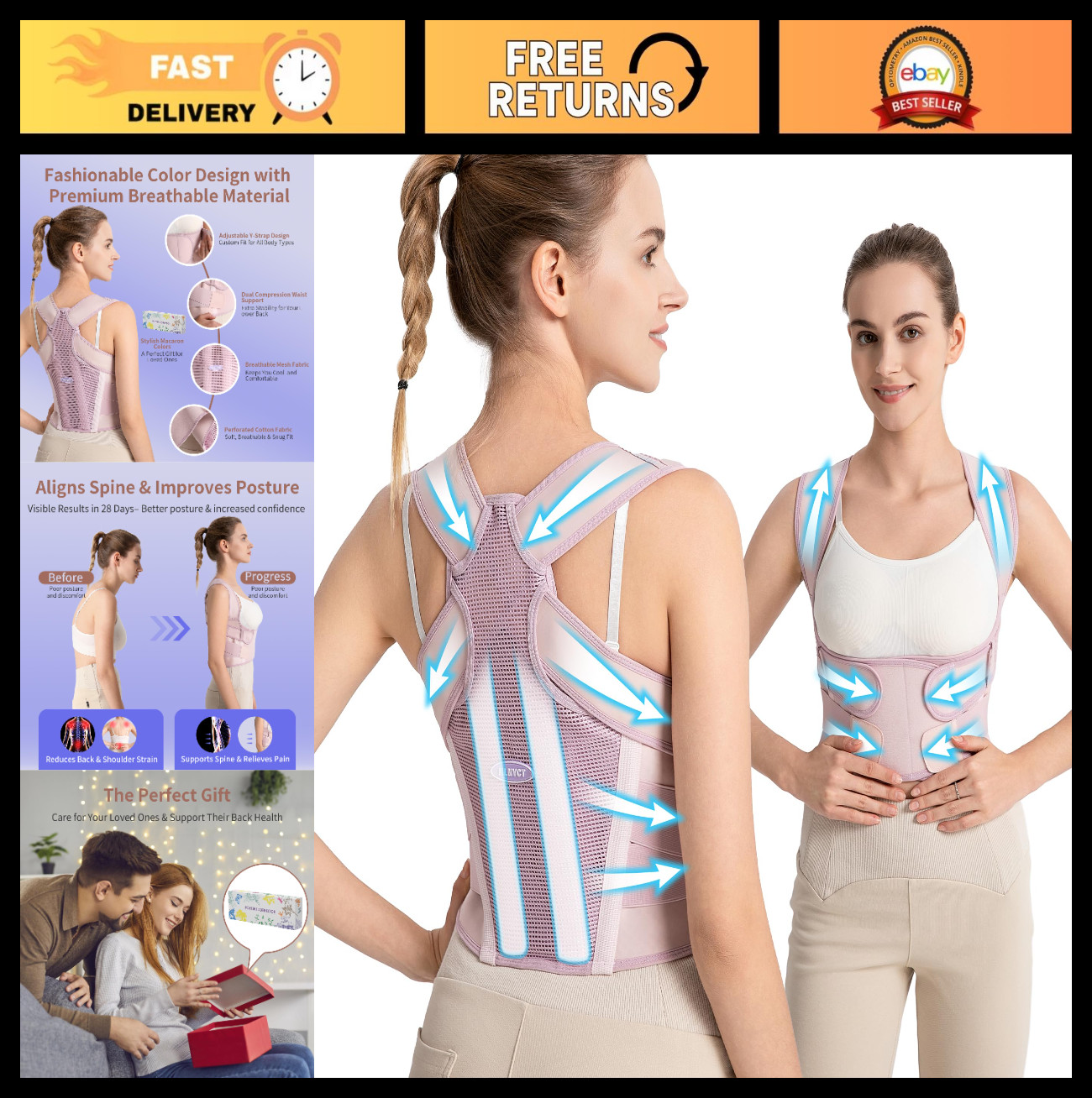 Posture Corrector for Women – 2-in-1 Adjustable Back Brace & Shoulder Support, P