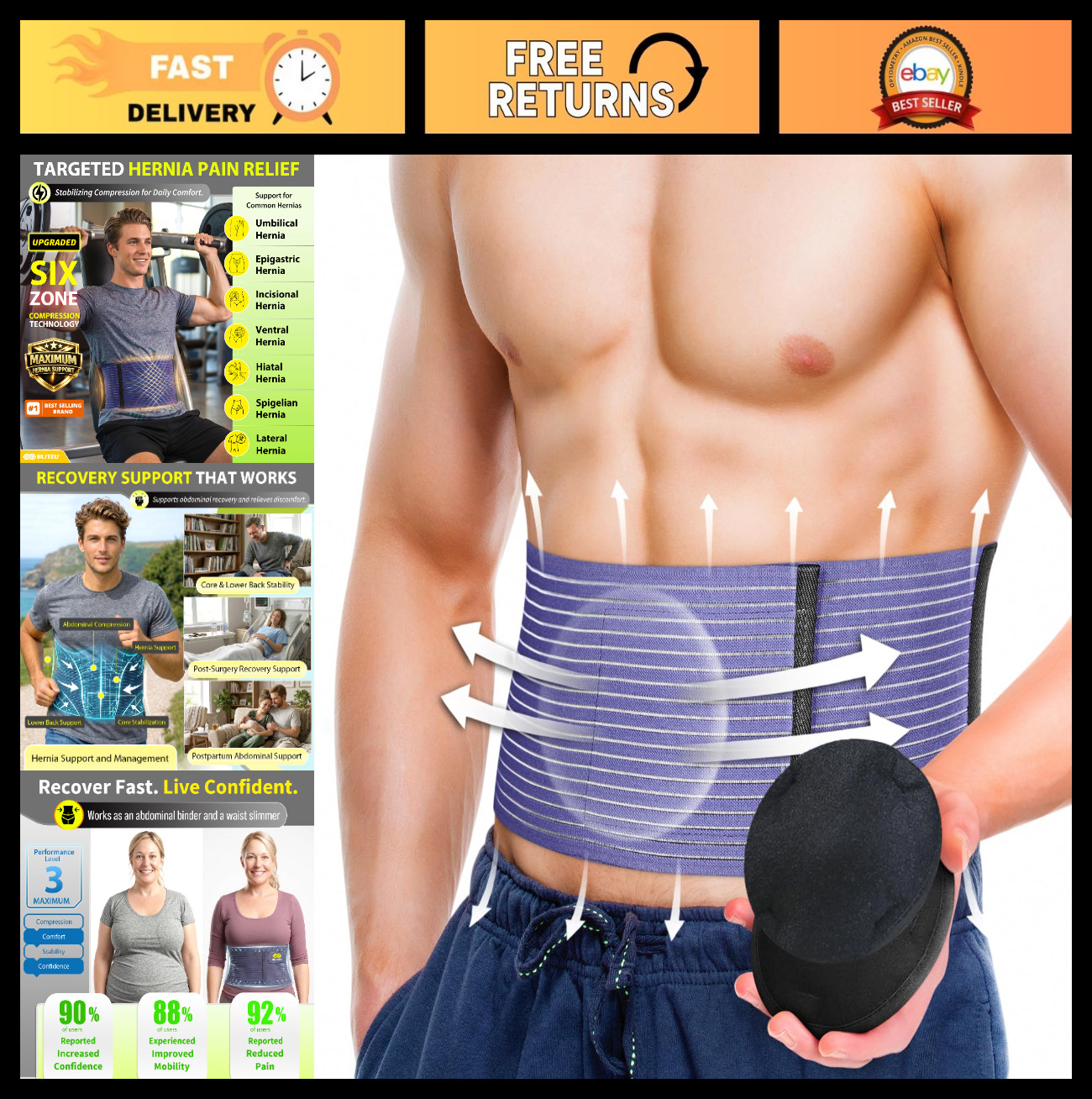 Adjustable Umbilical Hernia Belt for Men & Women, Abdominal Support Truss with 2