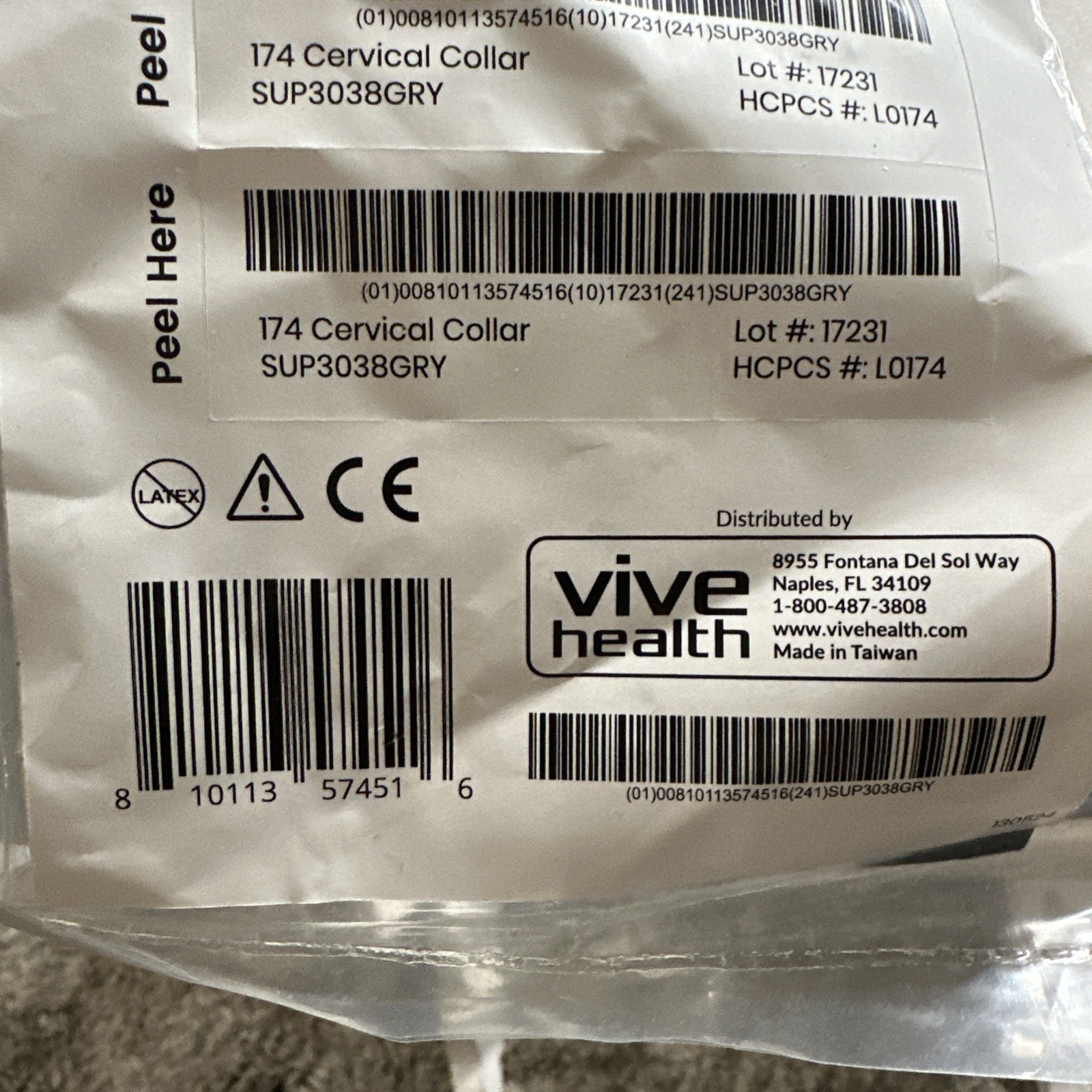 Coretech by Vive Health 174 Cervical Collar SUP3038GRY One Size New Sealed Gray