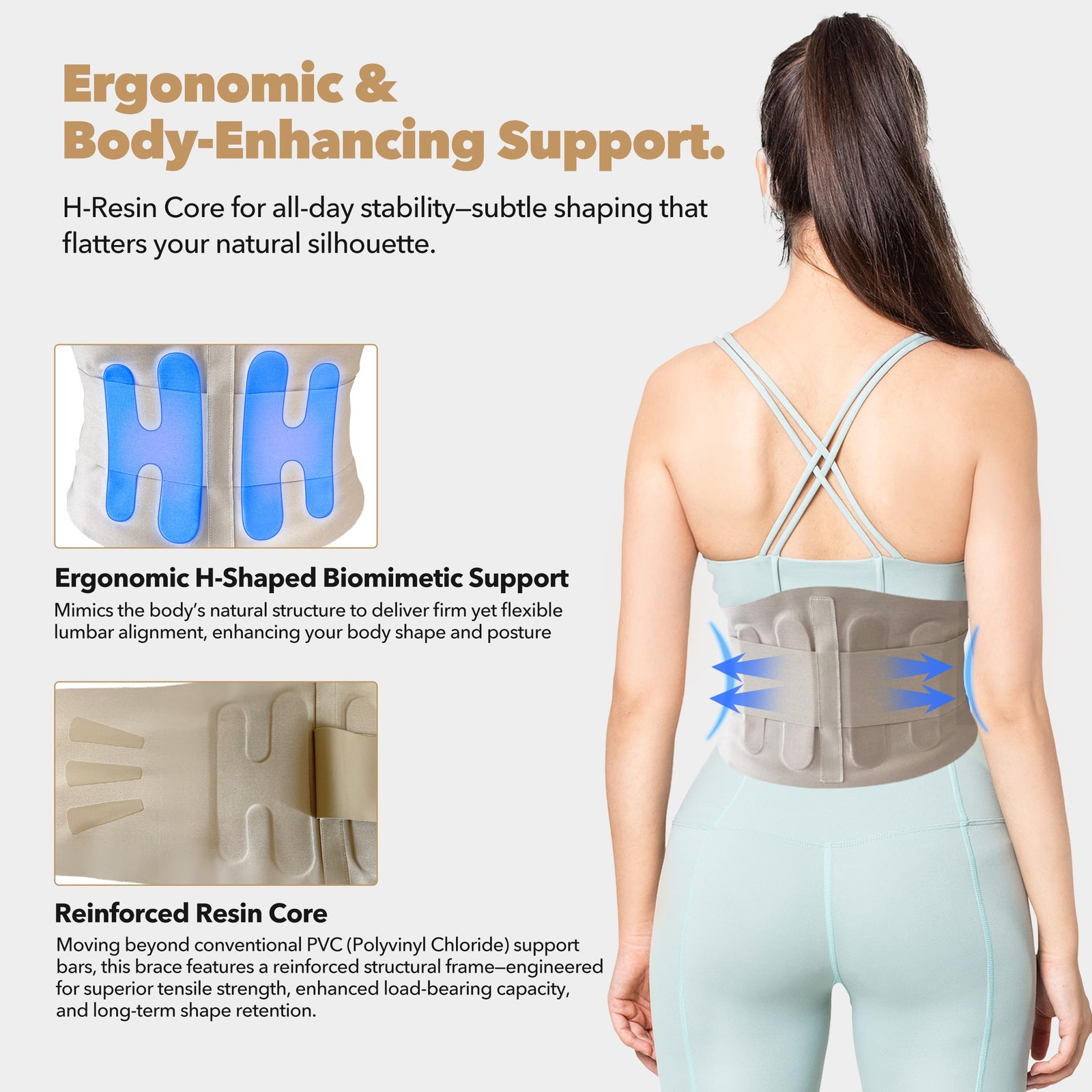 Slim Fit Lower Back Brace UltraThin Ergonomic Resin Support Beige Medium